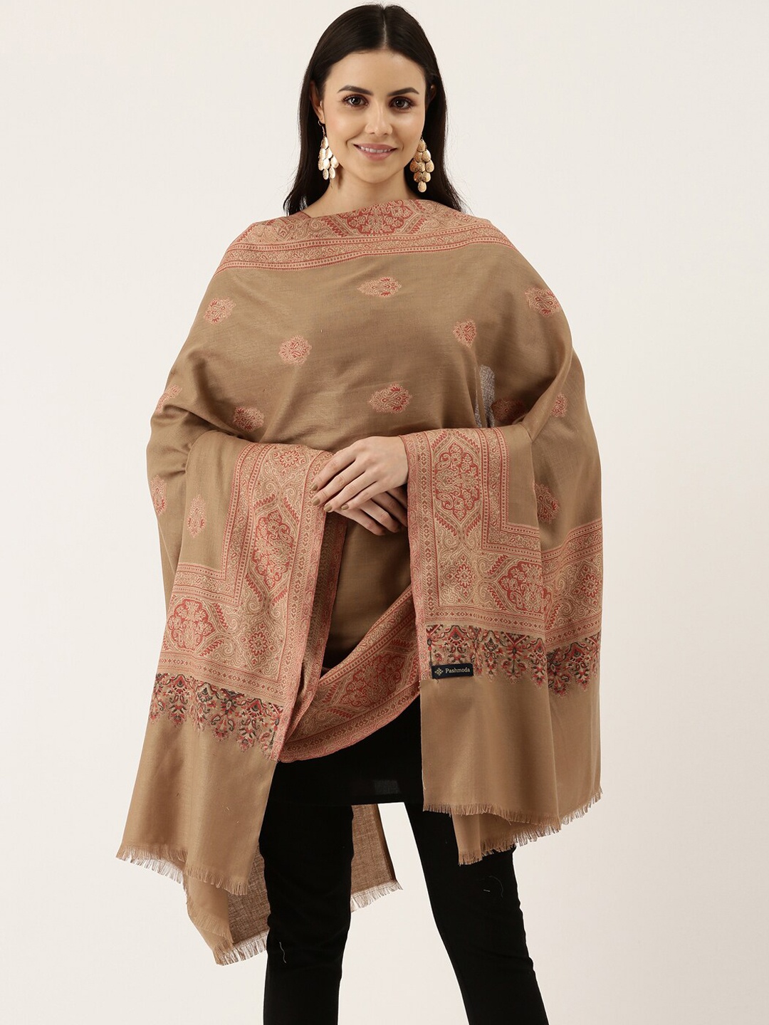 

Pashmoda Women Beige Woven Design Wool Jamawar Shawl