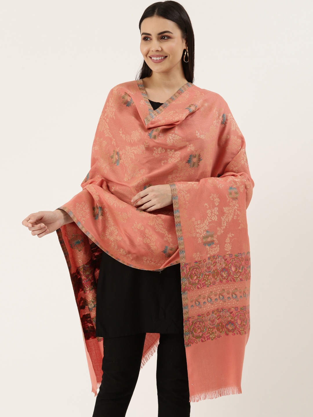 

Pashmoda Women Peach Woven Design Kaani Wool Shawl