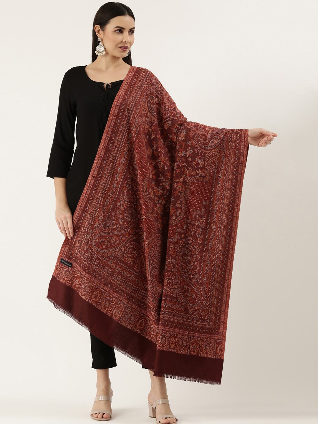 

Pashmoda Women Brown Woven Design Wool Jamawar Shawl