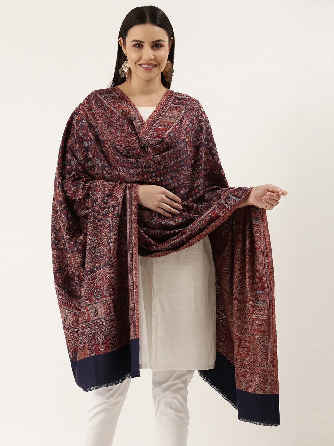 Pashmoda Women Navy Blue & Brown Woven Design Wool Jamawar Shawl