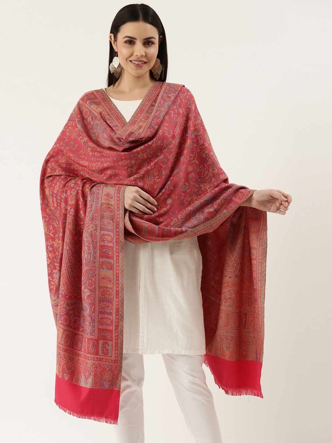 

Pashmoda Women Pink Woven Design Wool Jamawar Shawl