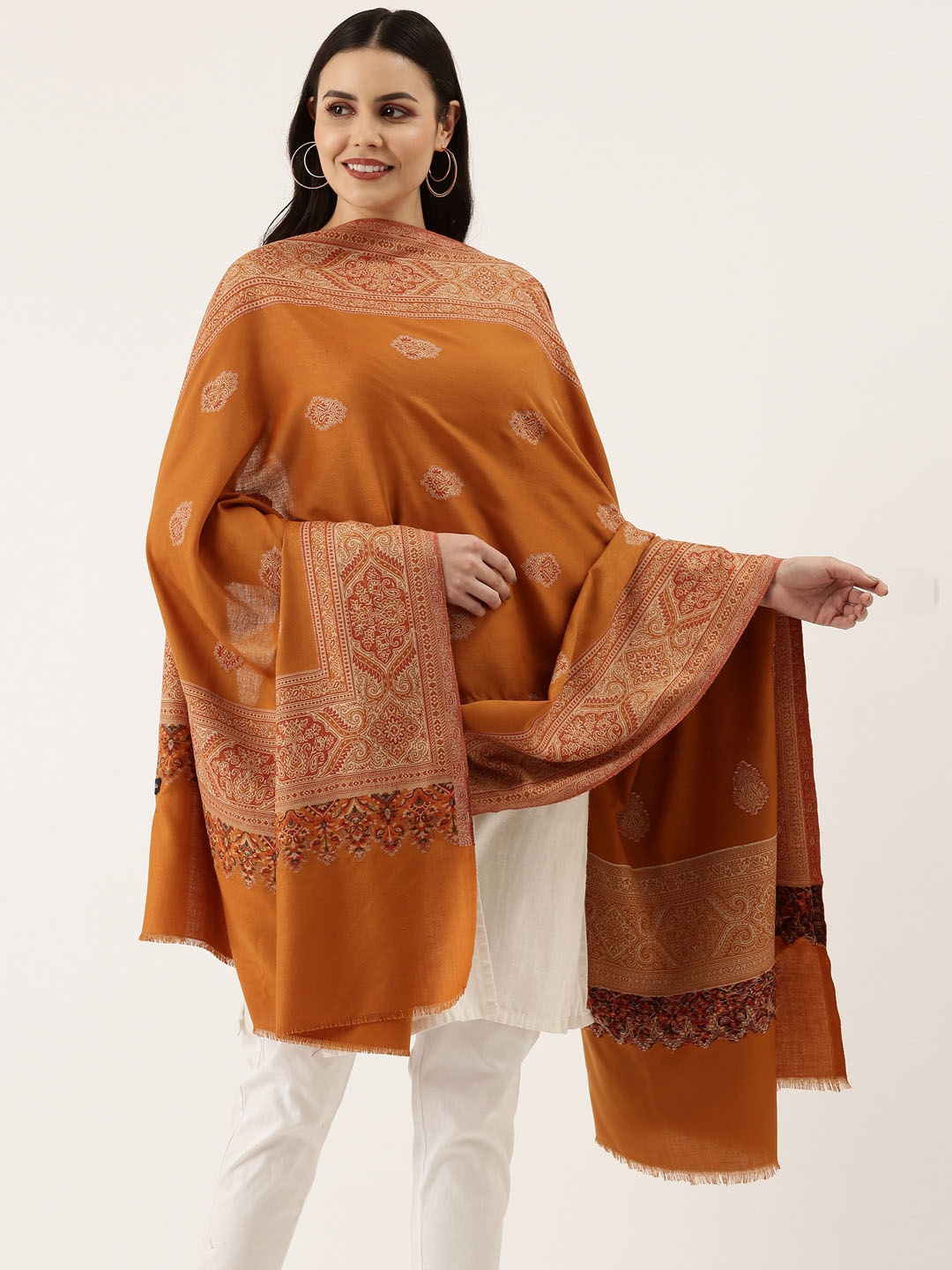 Pashmoda Women Mustard Yellow Woven Design Jamawar Shawl