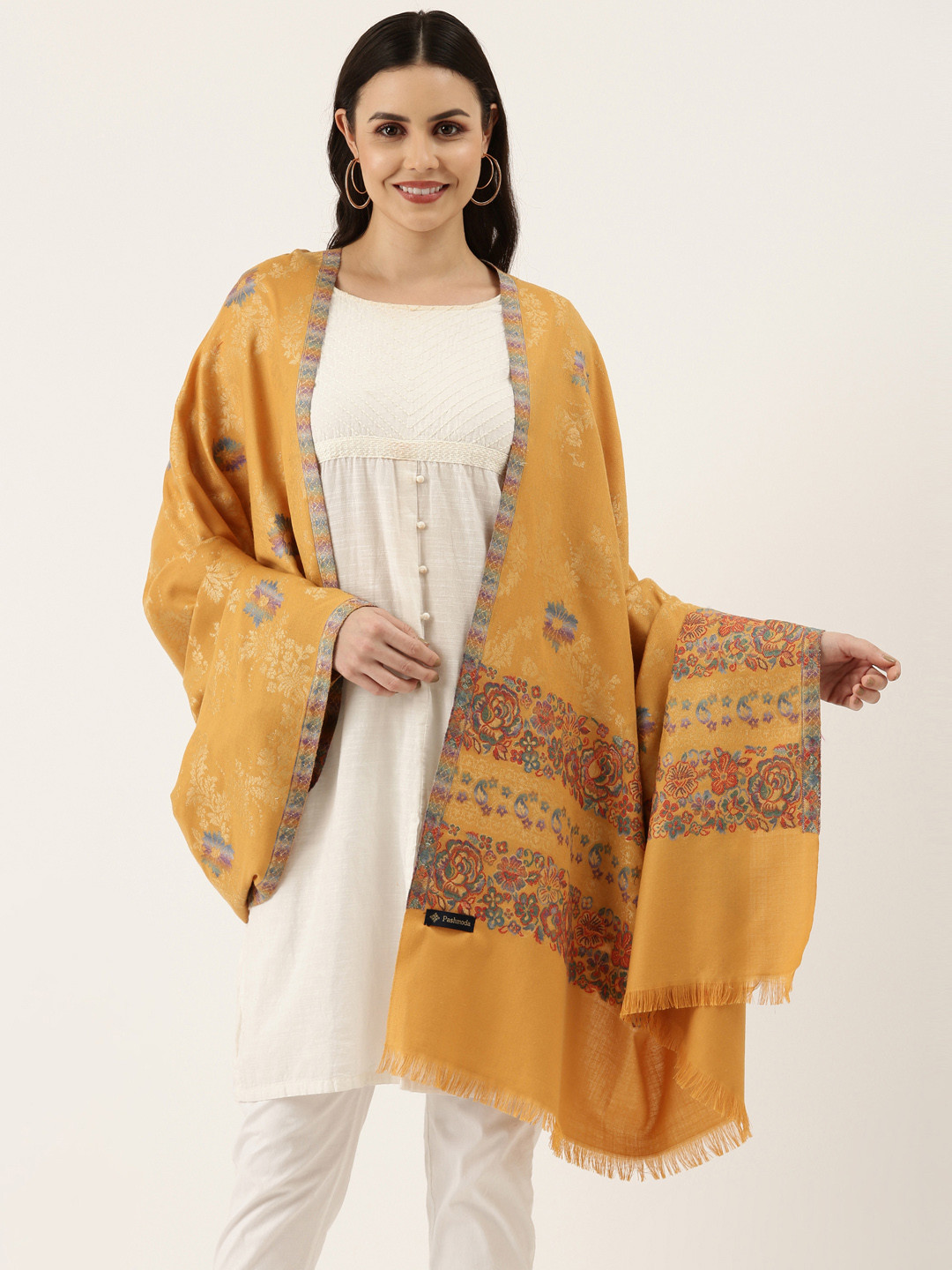 

Pashmoda Women Yellow Woven Design Kaani Wool Shawl