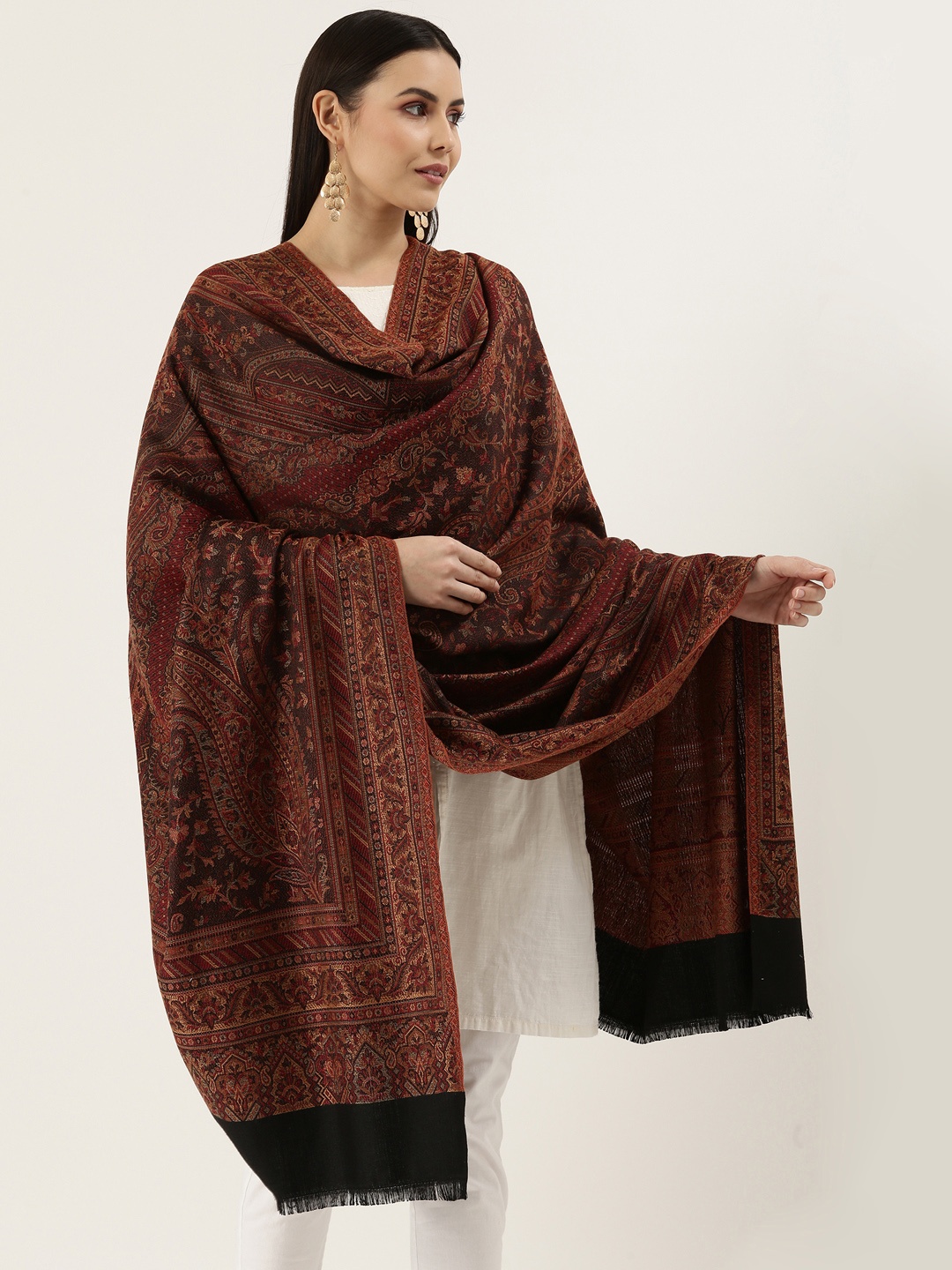 

Pashmoda Women Black & Brown Woven Design Wool Jamawar Shawl
