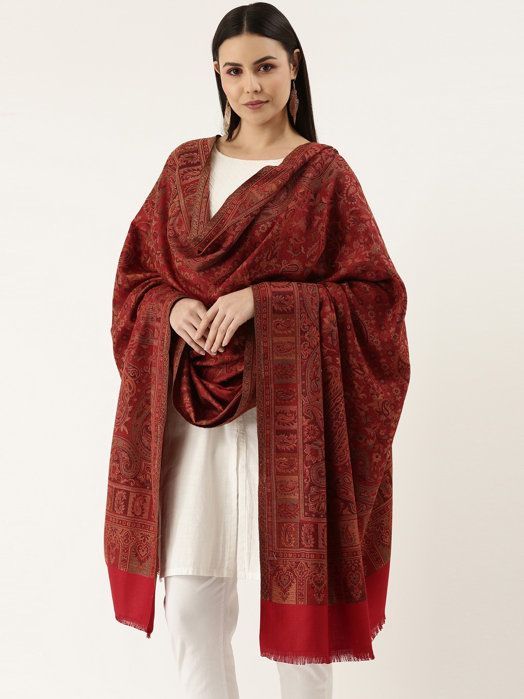 

Pashmoda Women Maroon Paisley Woven Design Jamawar Shawl