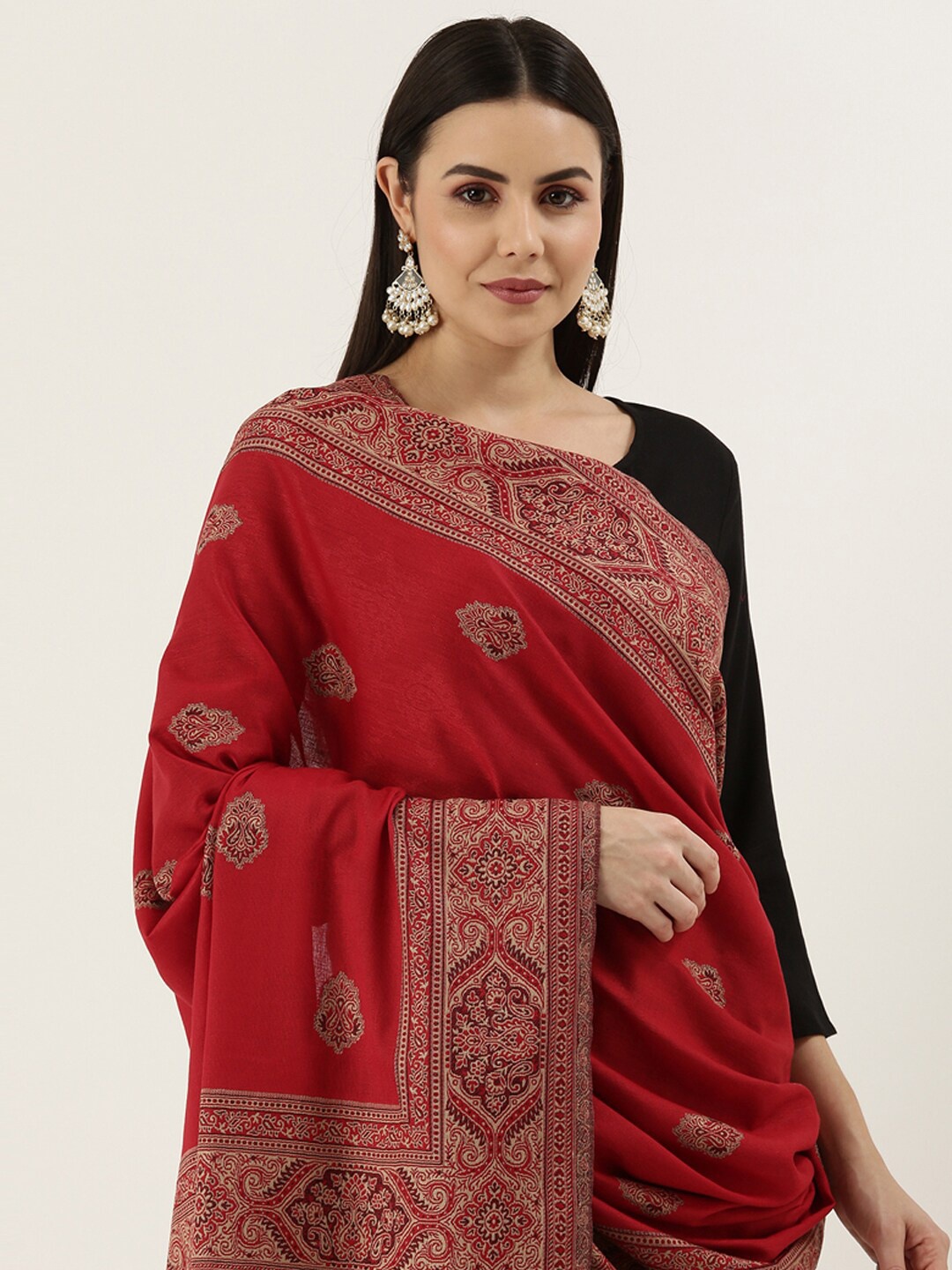 

Pashmoda Women Maroon Woven Design Wool Jamawar Shawl