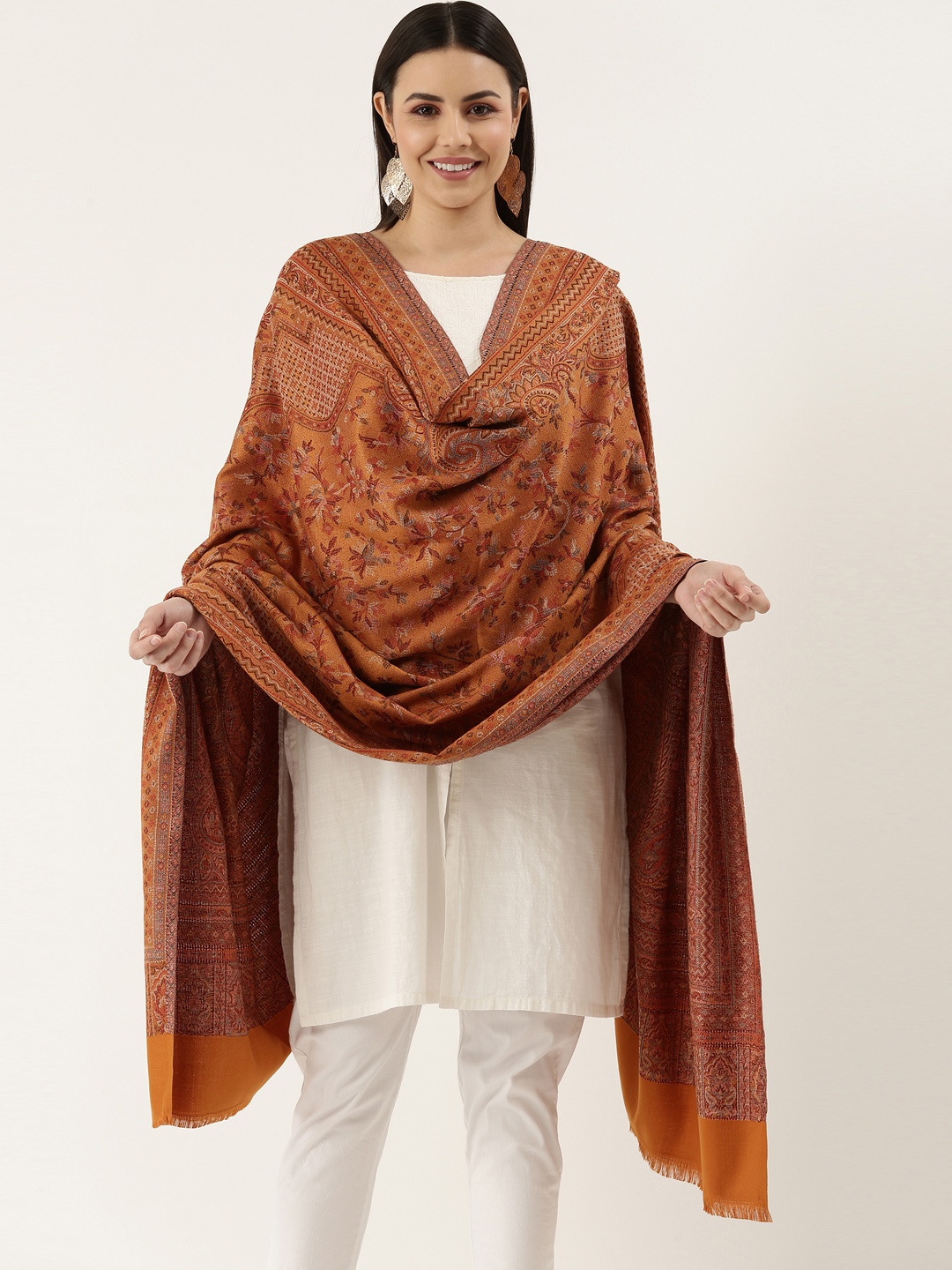 

Pashmoda Women Mustard Brown Woven Design Wool Jamawar Shawl