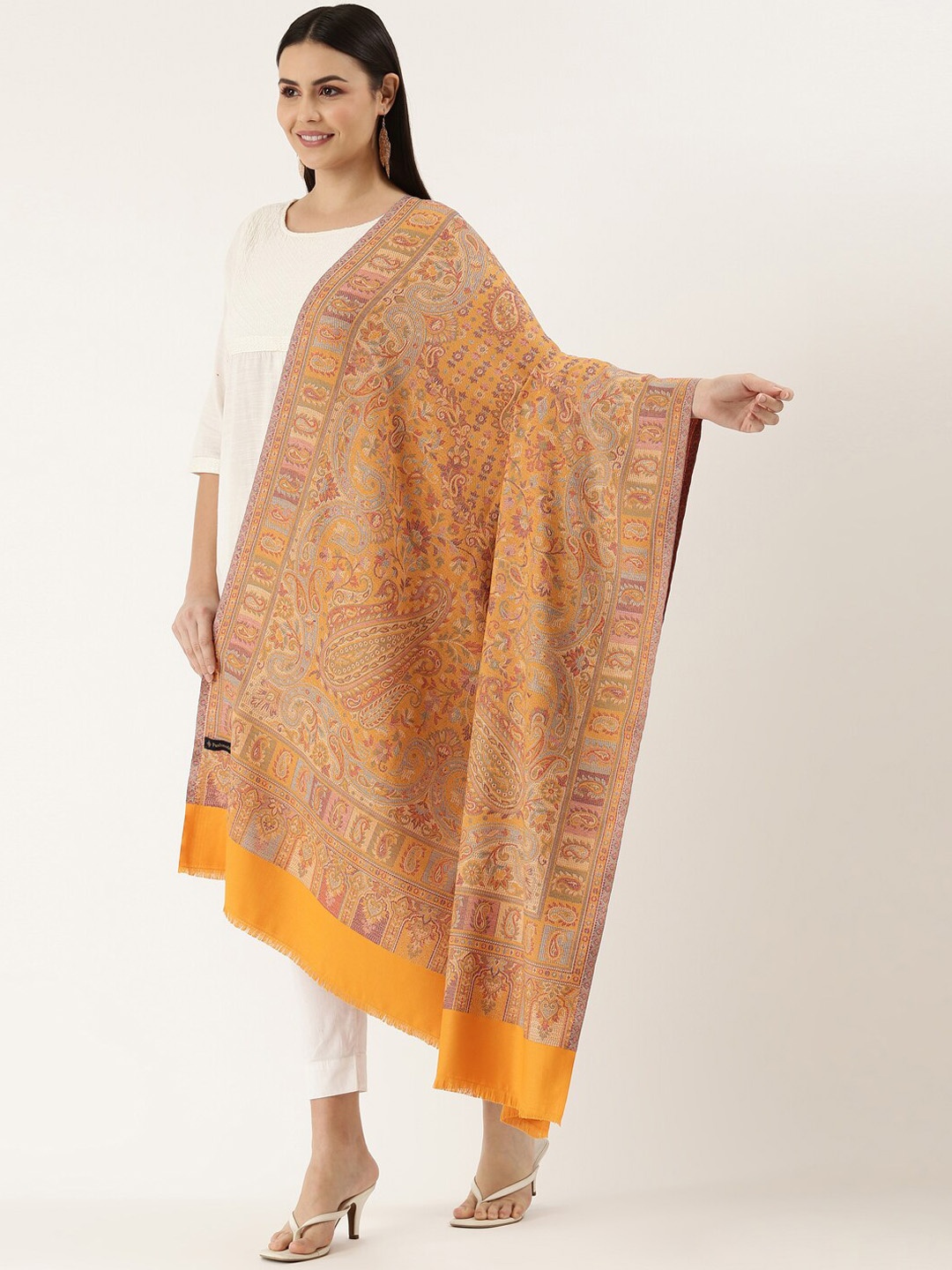 

Pashmoda Women Yellow Paisley Woven Design Jamawar Shawl