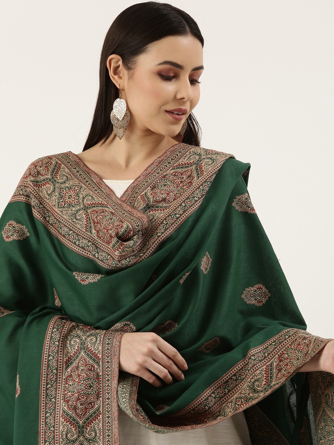 

Pashmoda Women Green & Maroon Woven Design Jamawar Shawl