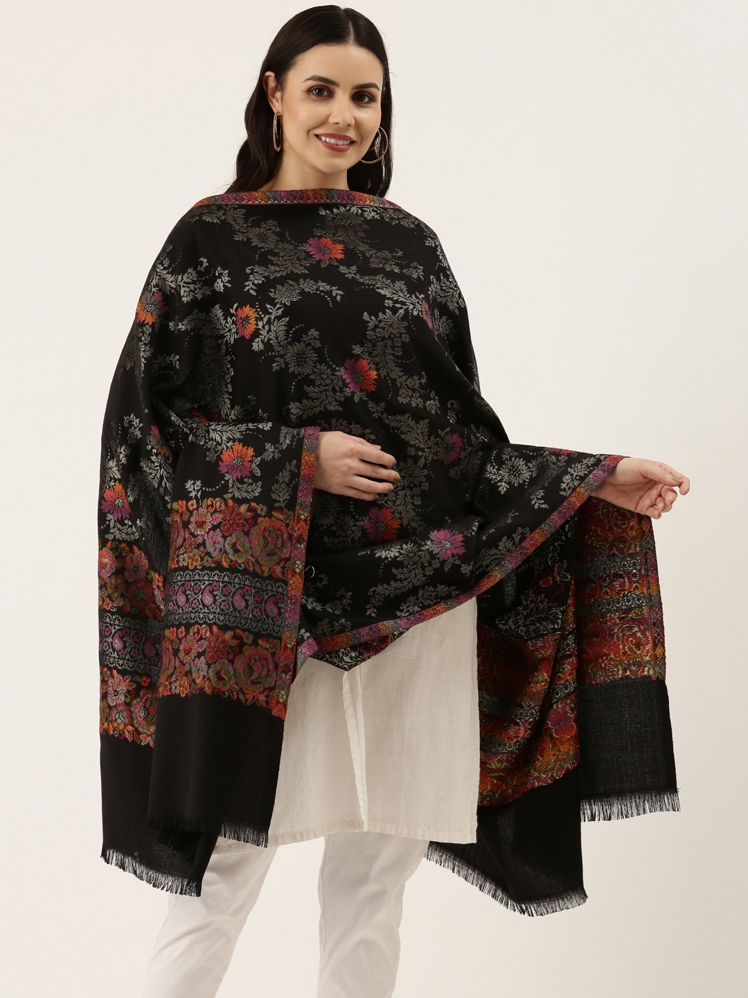 

Pashmoda Women Black Woven Design Kaani Wool Shawl