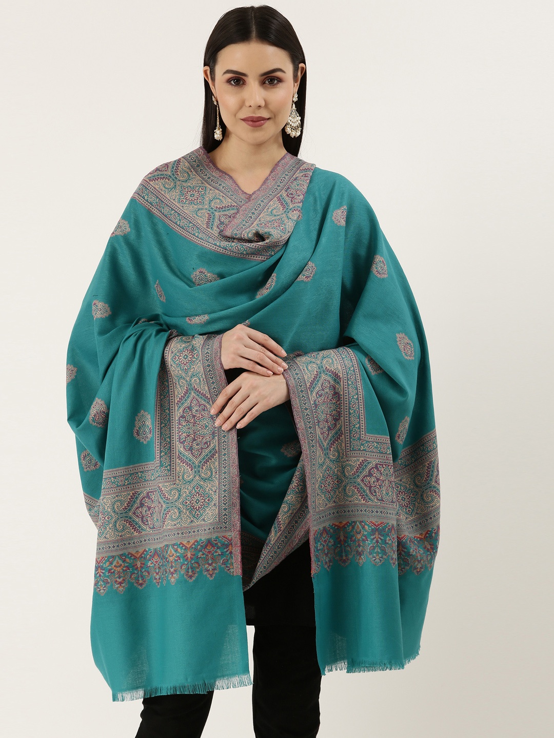 

Pashmoda Teal Blue Woven Design Jamawar Shawl