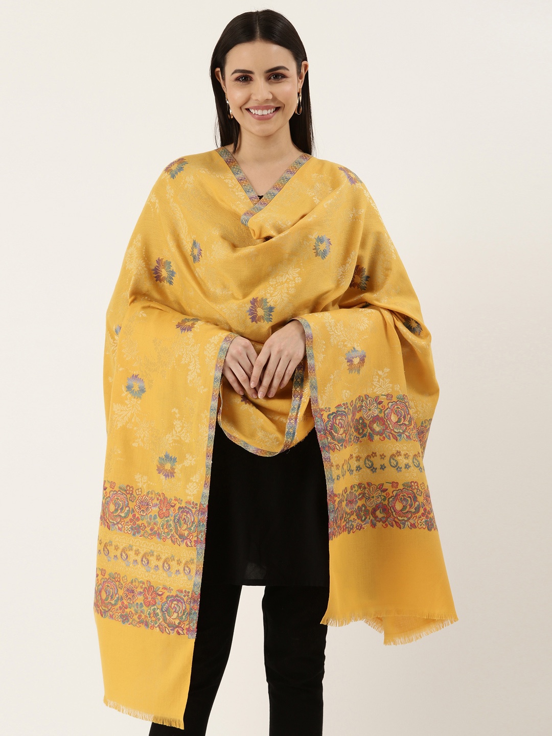 

Pashmoda Women Mustard Yellow Woven Design Kaani Wool Shawl