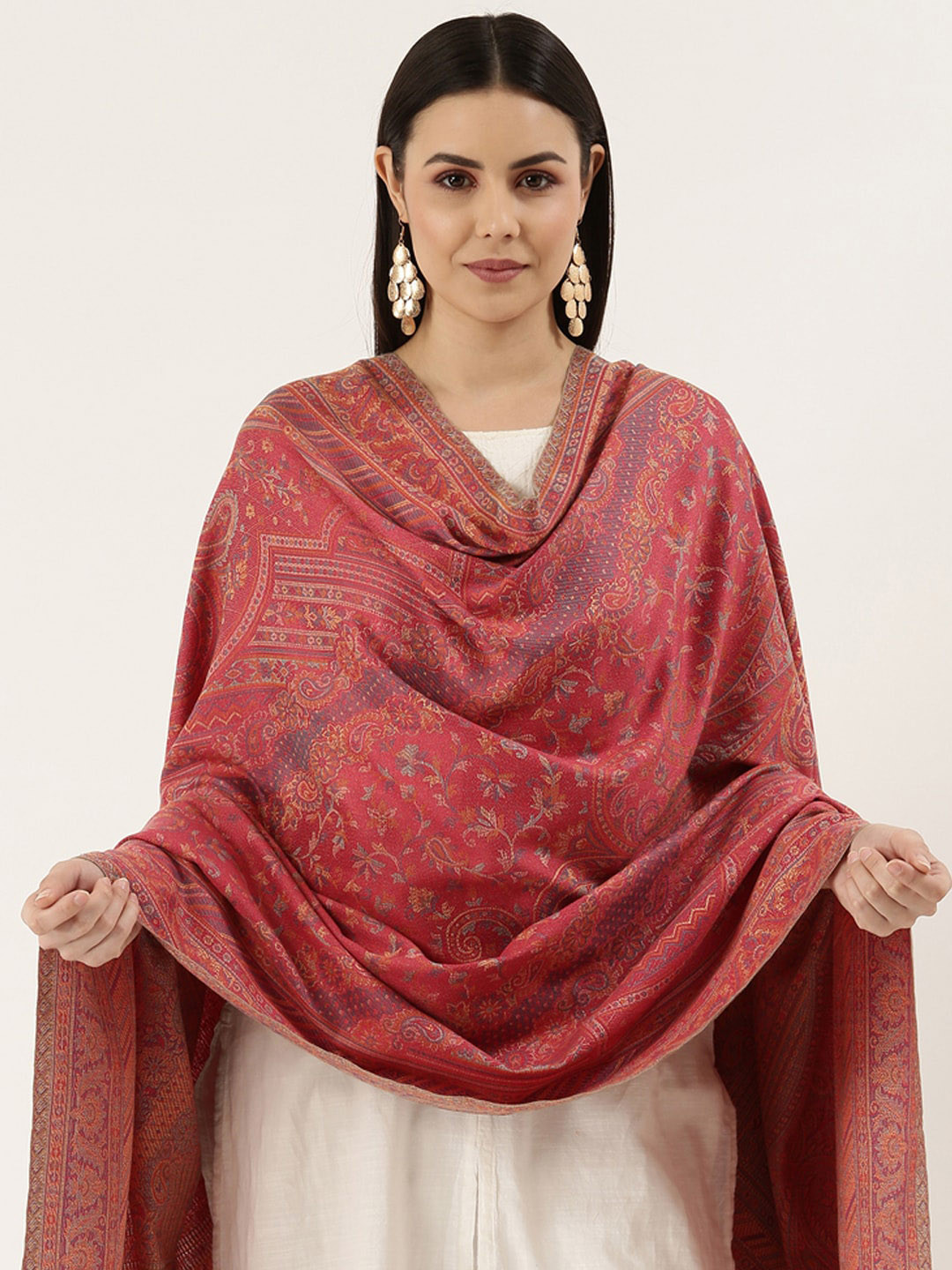 

Pashmoda Women Pink Woven Design Wool Jamawar Shawl