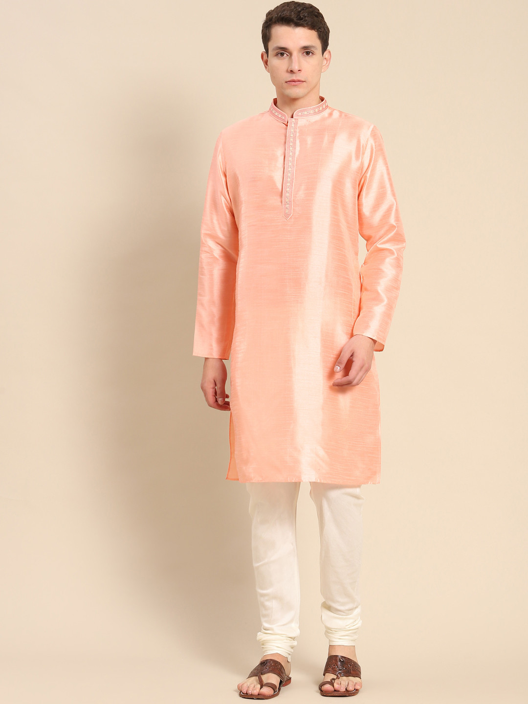 

KISAH Men Peach-Coloured Solid Kurta with Churidar