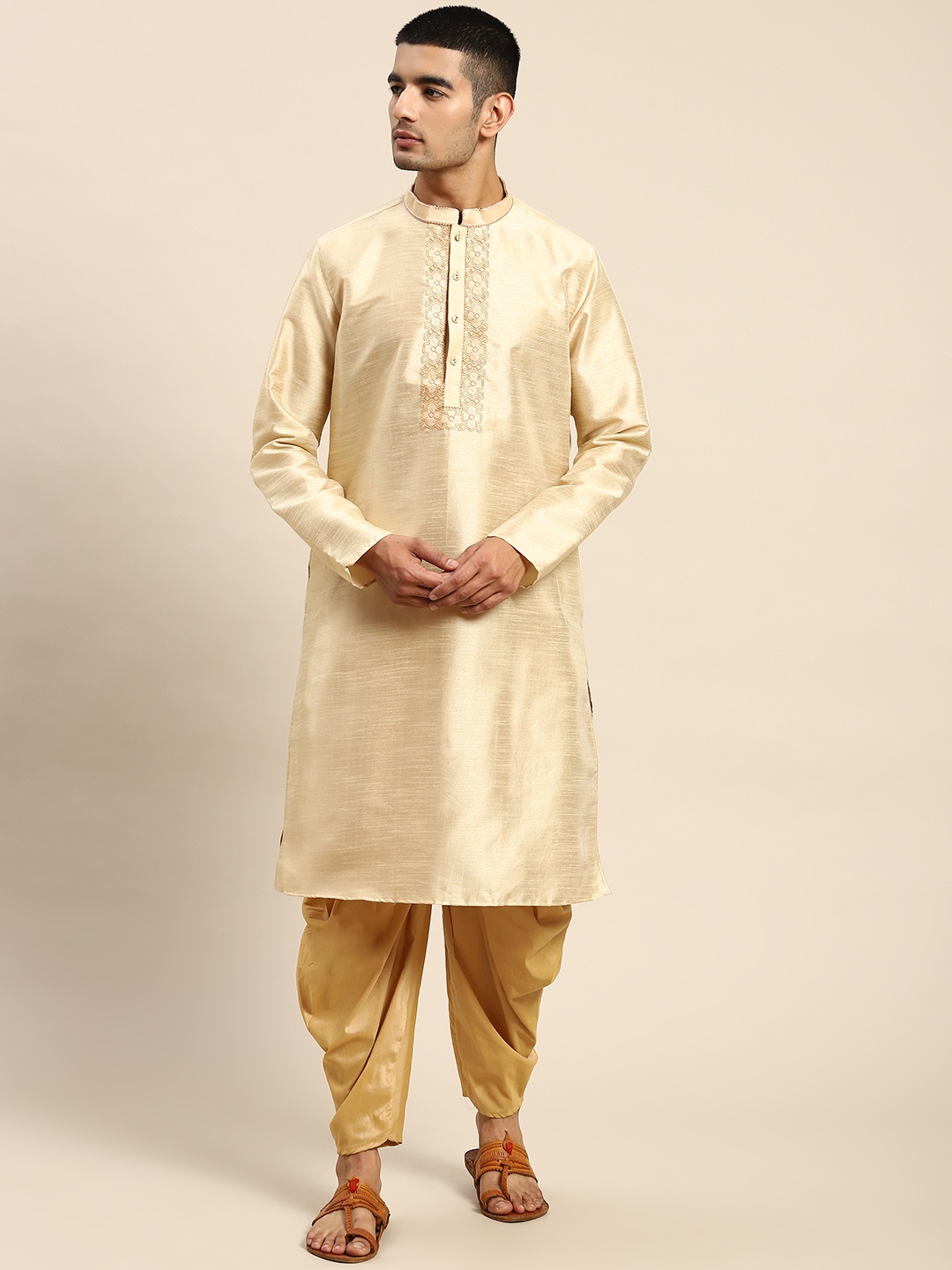 

KISAH Men Embroidered Kurta with Dhoti Pants, Beige