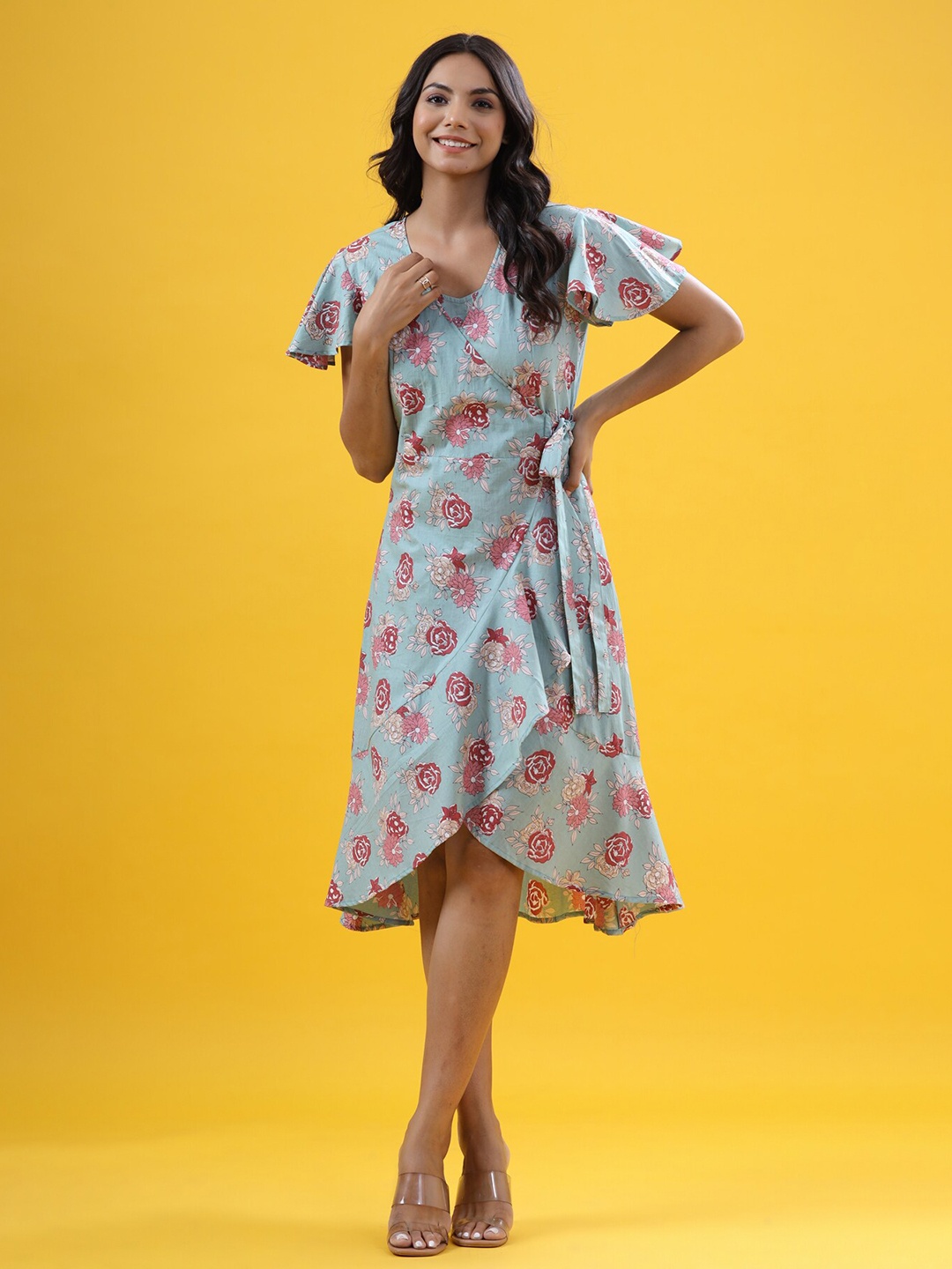 

JISORA Women Blue Floral Printed Cotton Wrap Dress