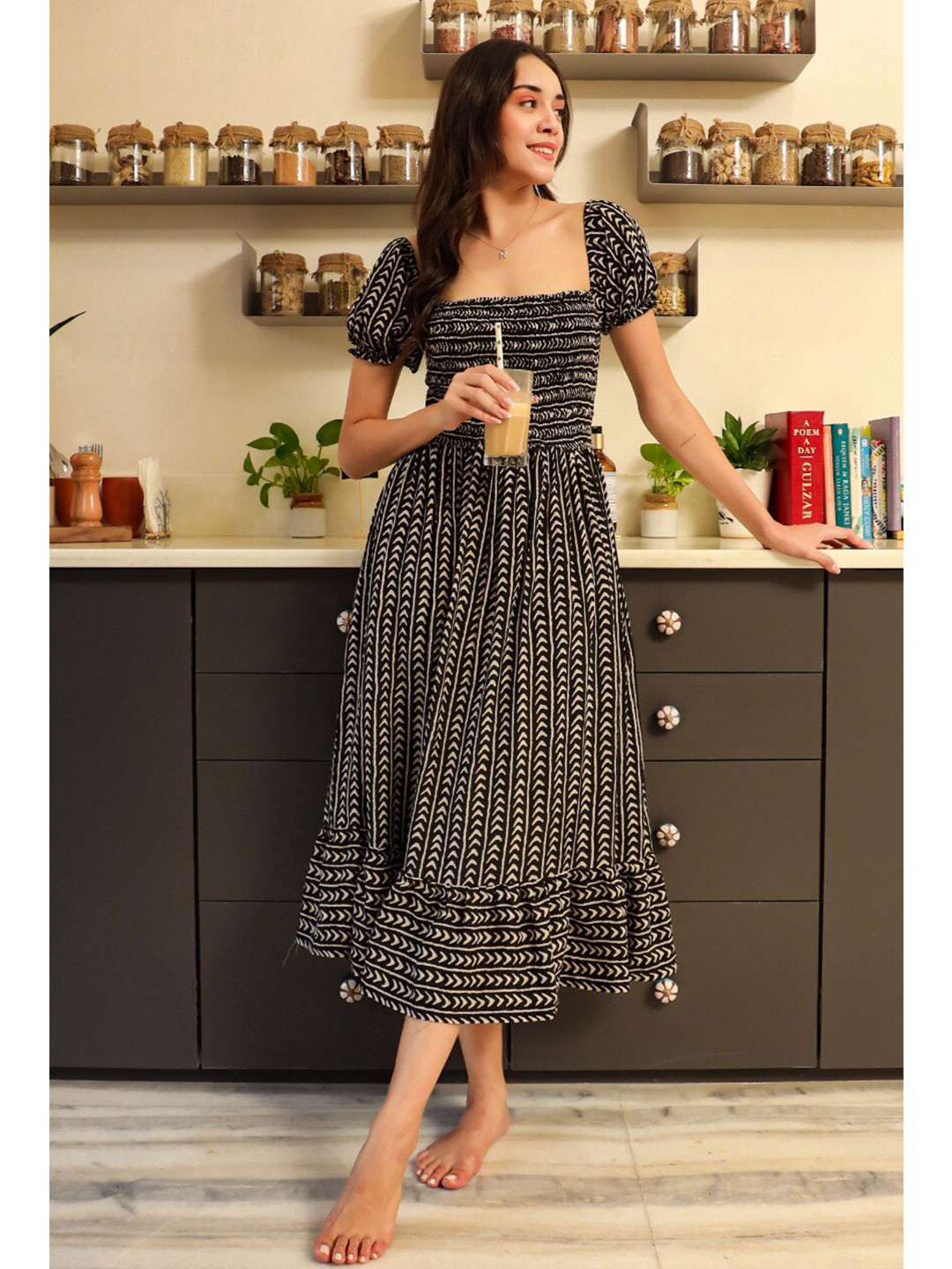 

JISORA Black & White Printed Off-Shoulder A-Line Midi Dress