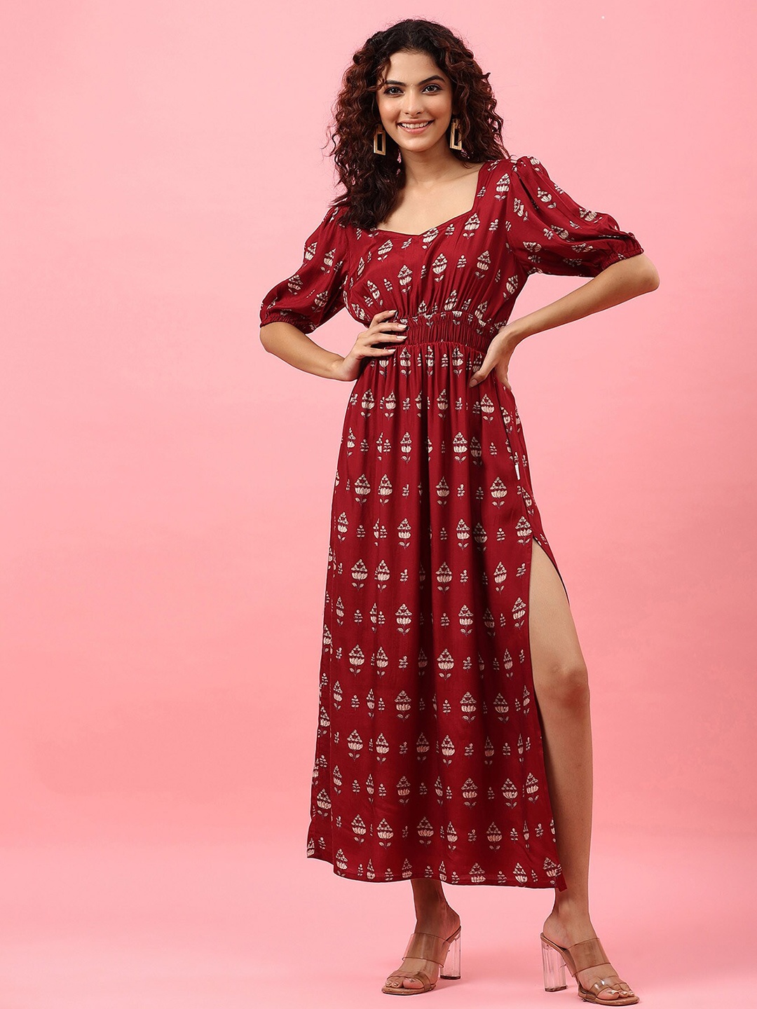 

JISORA Women Red Ethnic Motifs Printed Cotton Maxi Dress