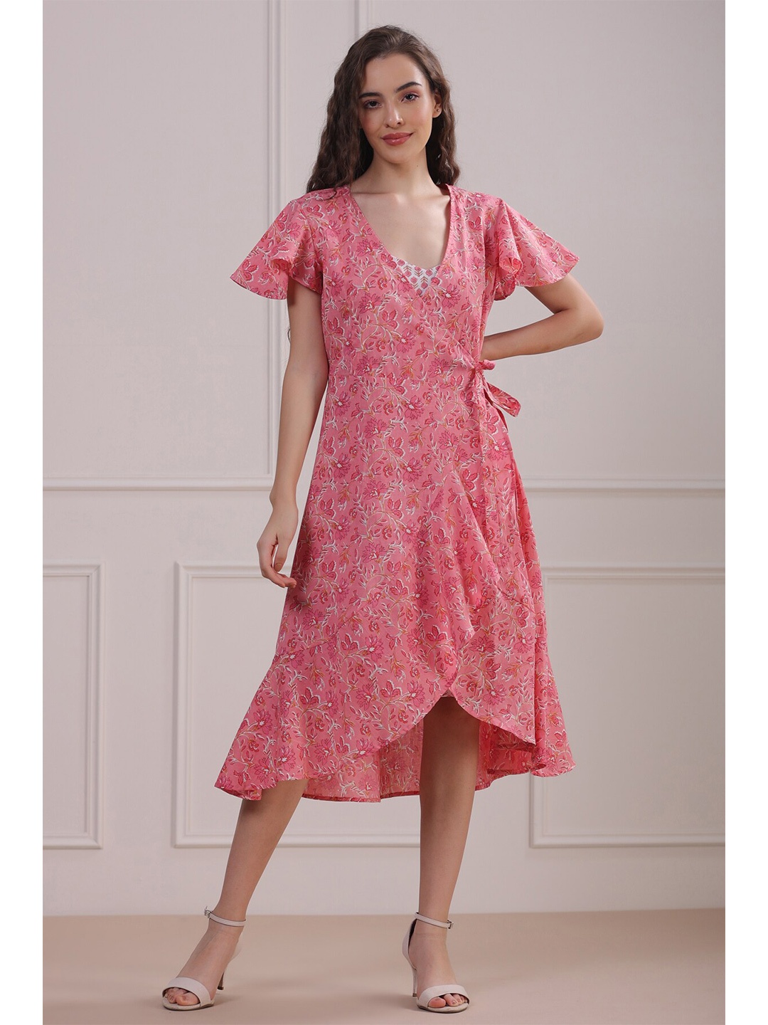 

JISORA Women Pink & White Floral Ethnic Midi Dress