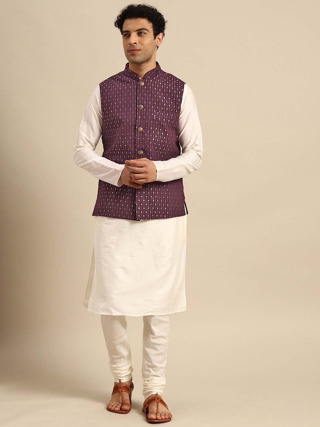 

KISAH Men White Solid Pure Cotton Kurta with Churidar & Nehru Jacket