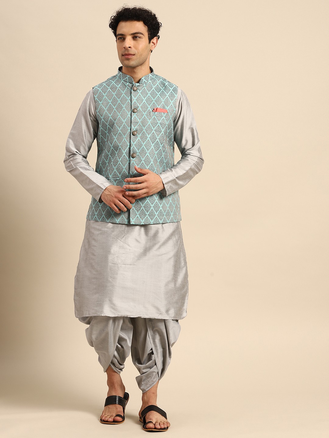 

KISAH Men Grey Solid Kurta with Dhoti Pants & Nehru Jacket