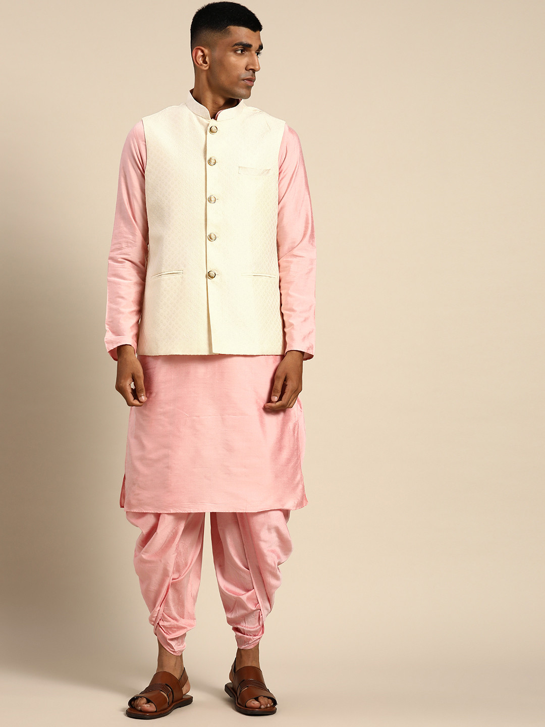 

KISAH Men Pink Kurta with Dhoti Pants and Nehru Jacket