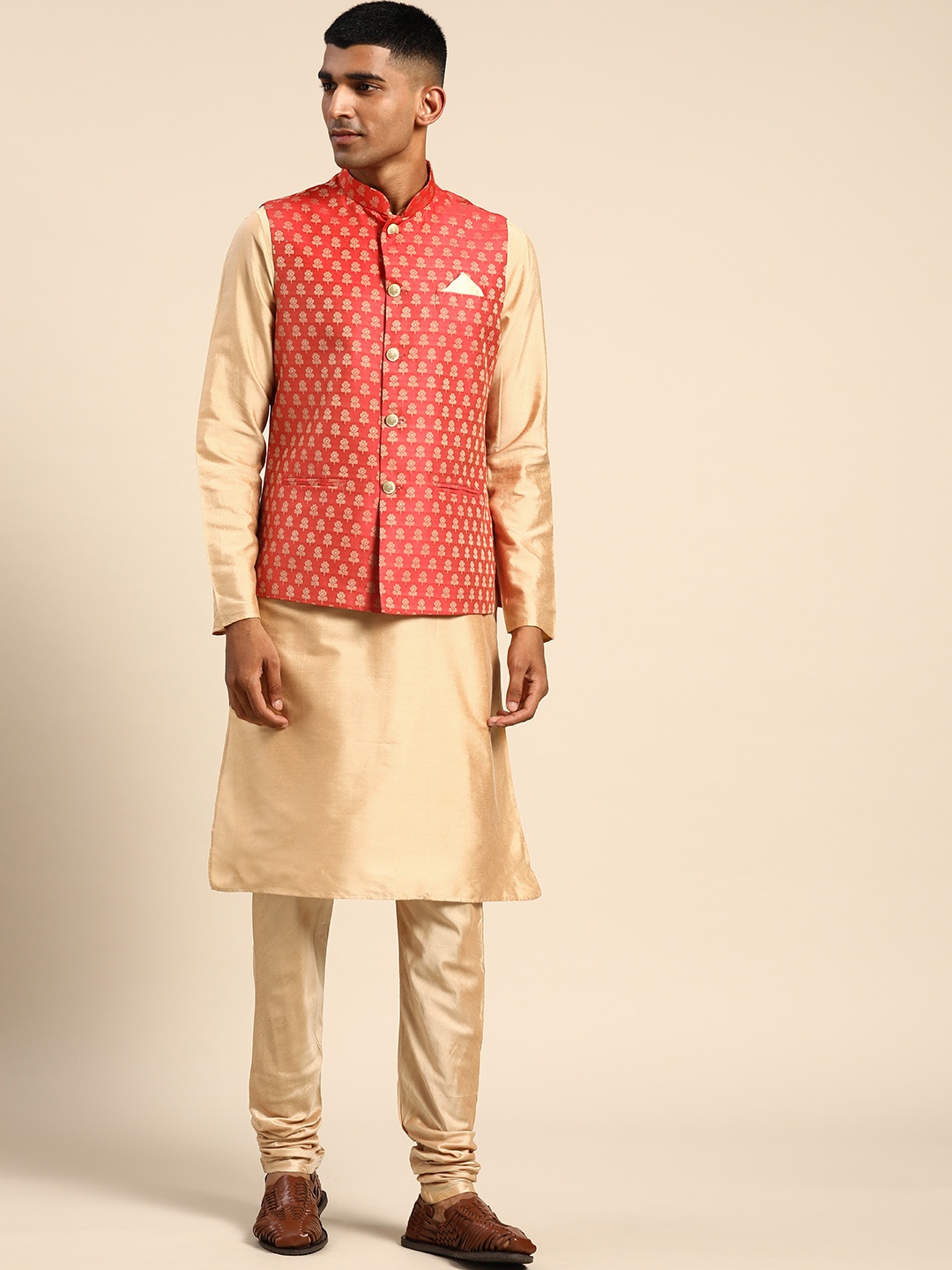 

KISAH Men Beige Solid Kurta with Churidar & Nehru Jacket