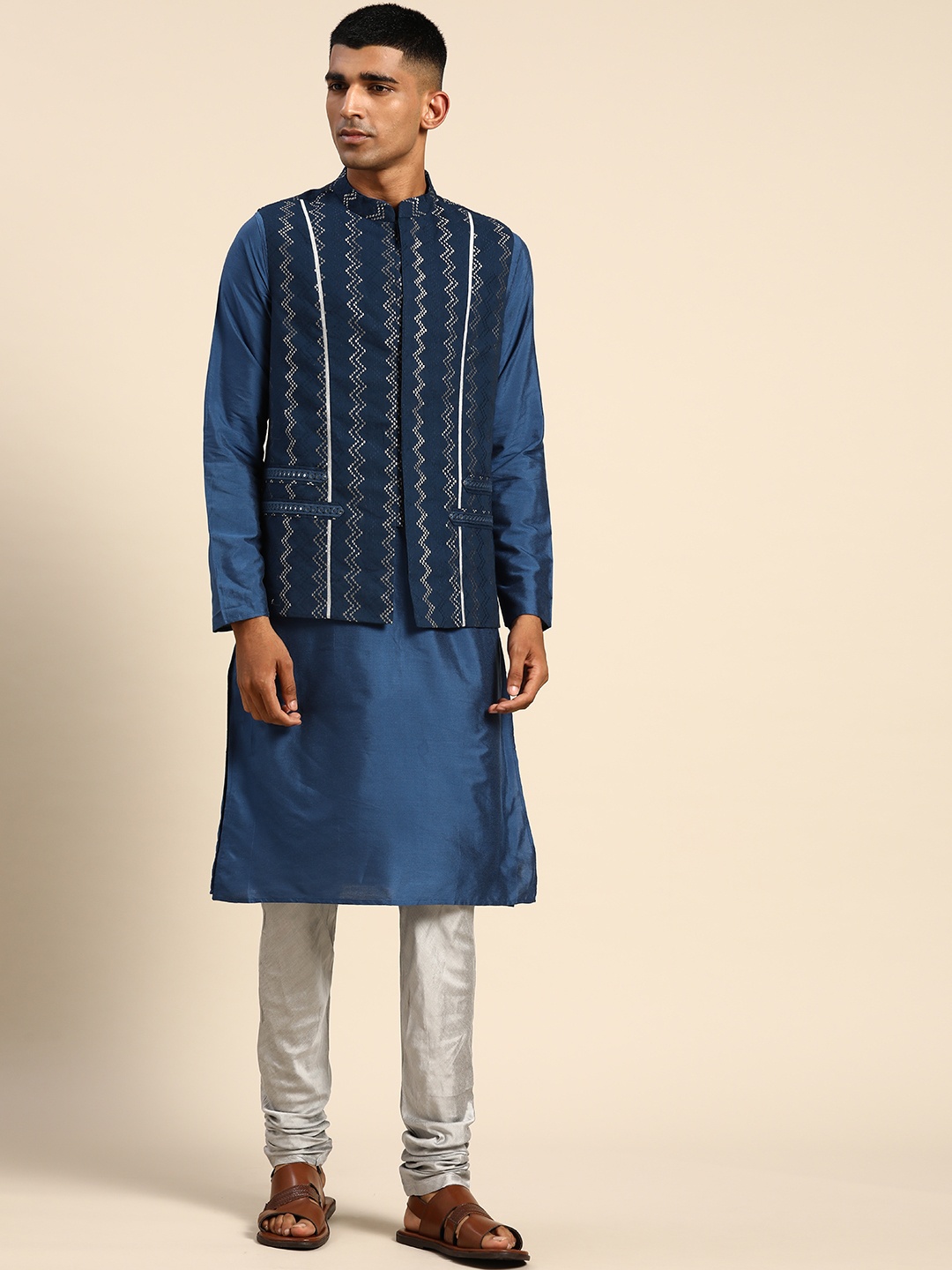 

KISAH Men Pure Cotton Embroidered Kurta with Churidar & Nehru Jacket Set, Navy blue