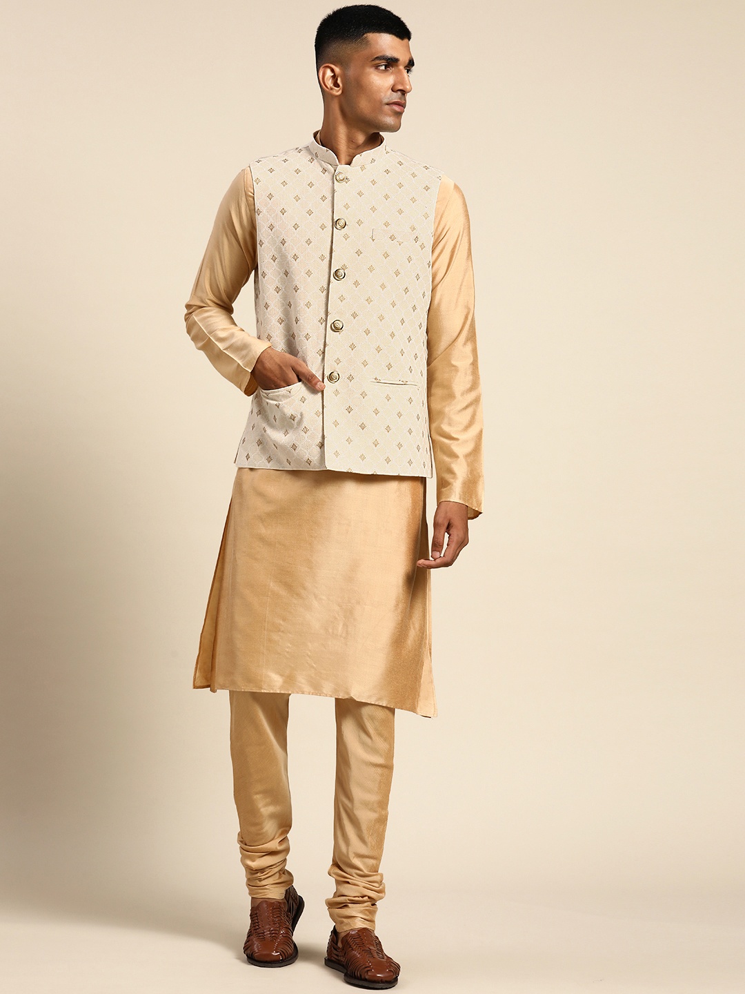 

KISAH Men Solid Golden Kurta with Churidar & Nehru Jacket, Gold
