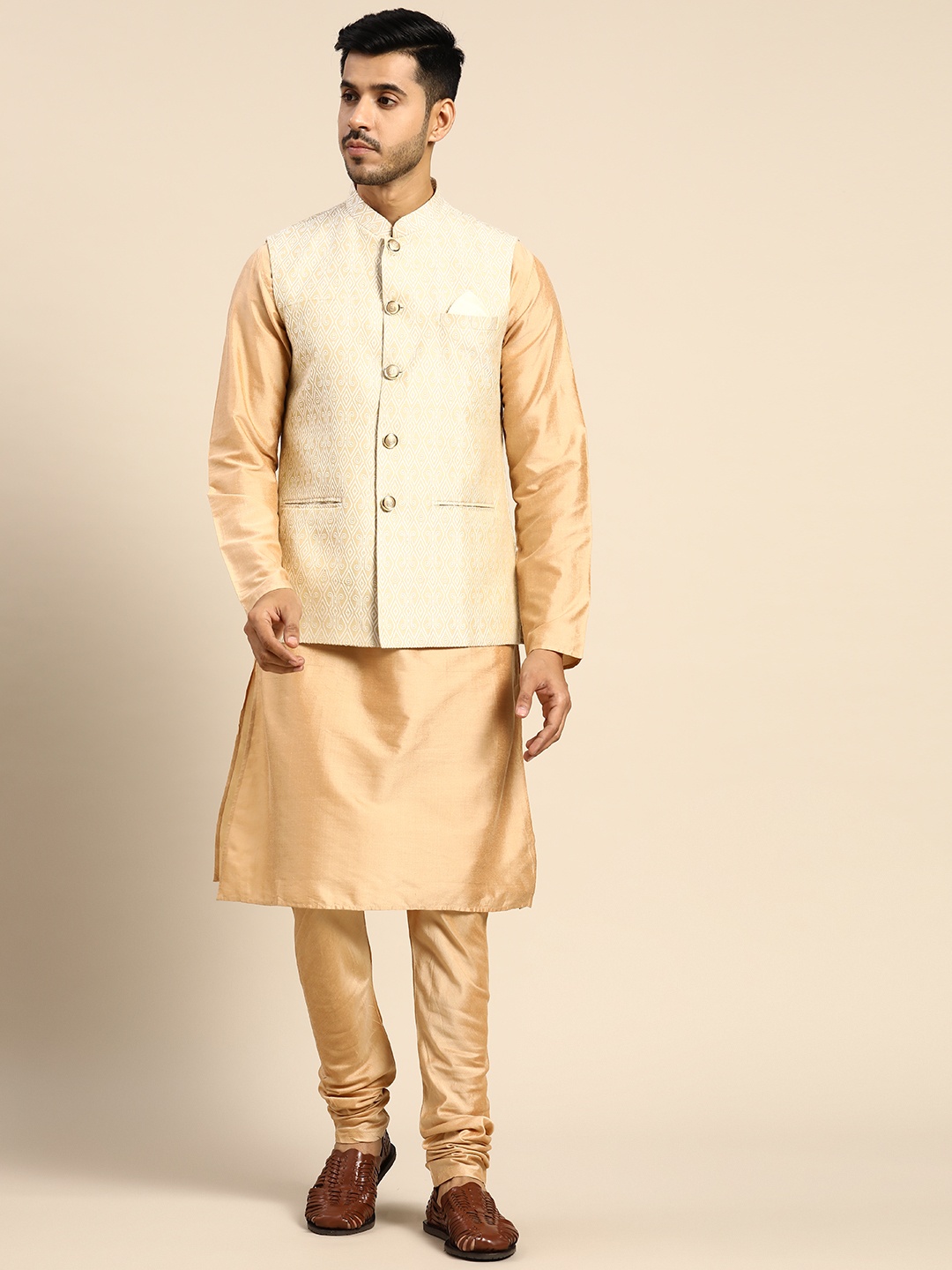 KISAH Men Beige Solid Kurta with Churidar & Nehru Jacket