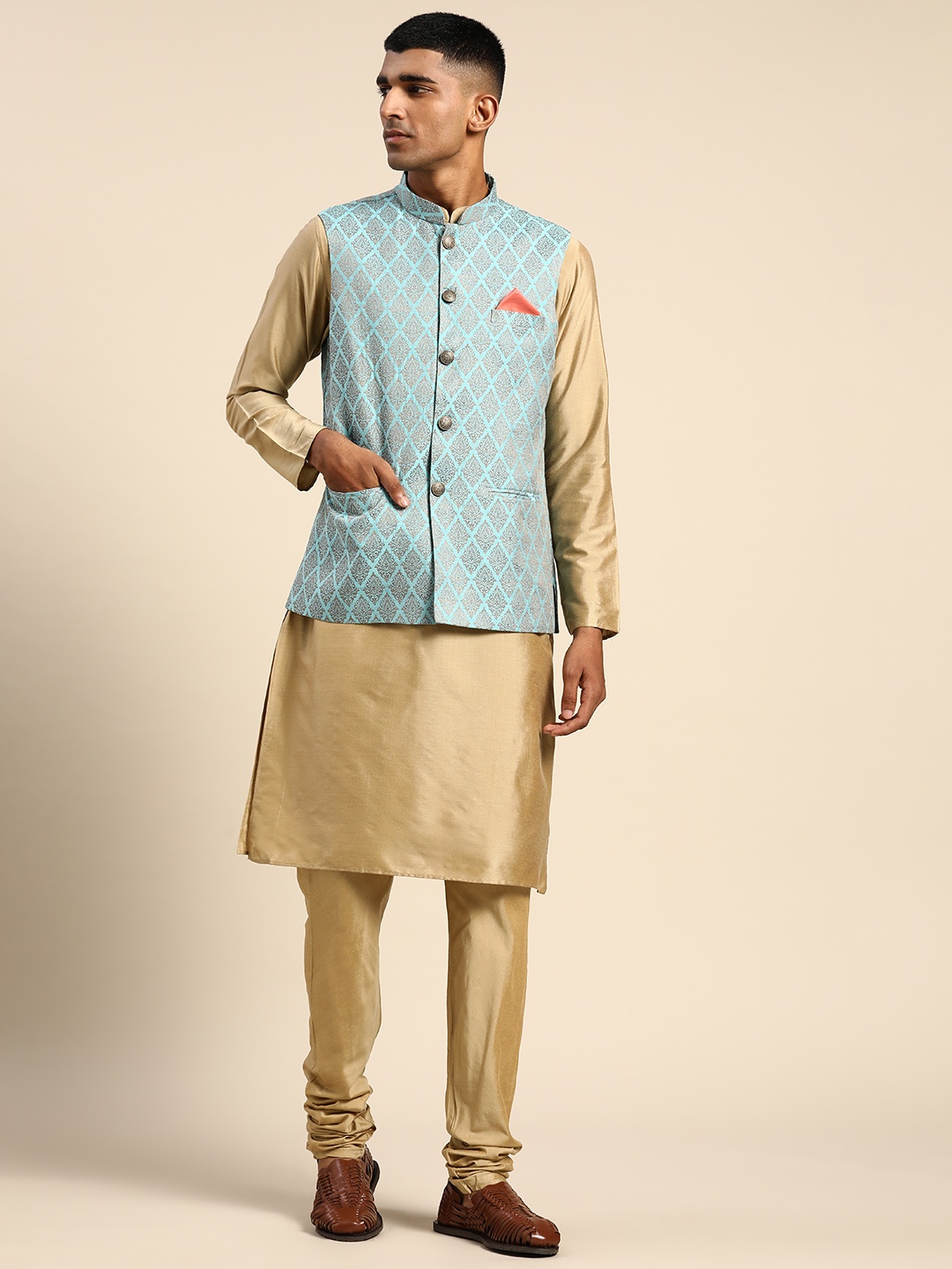 

KISAH Men Beige Solid Kurta with Churidar & Nehru Jacket