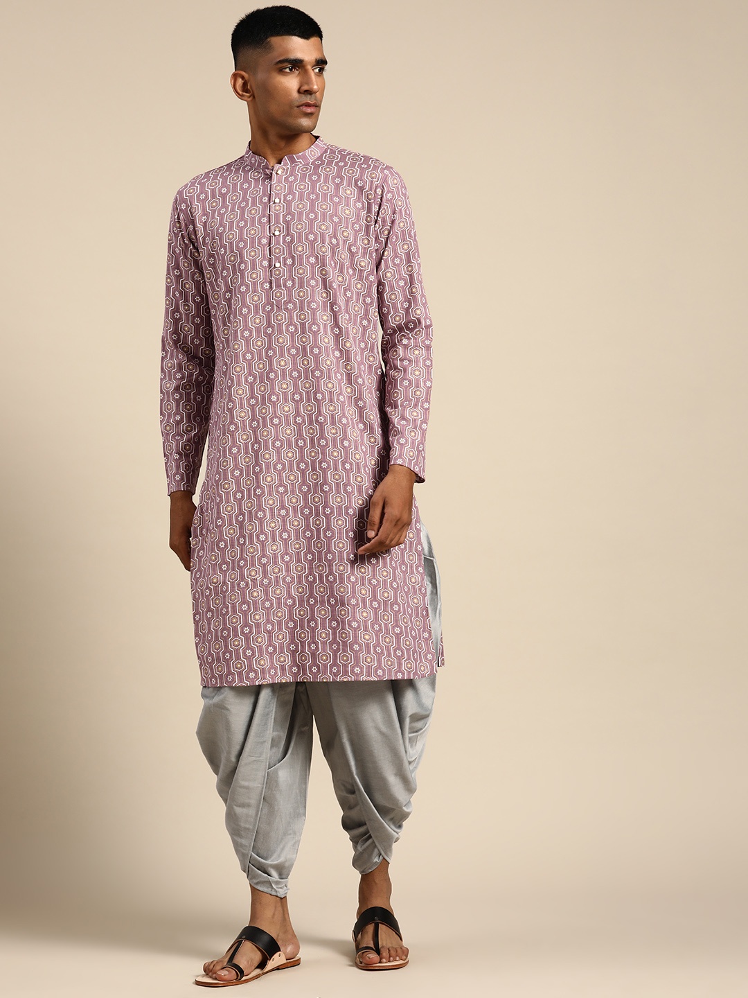 

KISAH Men Mauve Ethnic Motifs Printed Pure Cotton Kurta with Dhoti Pants