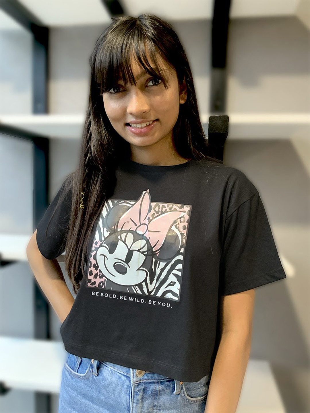

YK Disney Girls Black Minnie Mouse Printed Boxy Cotton T-shirt