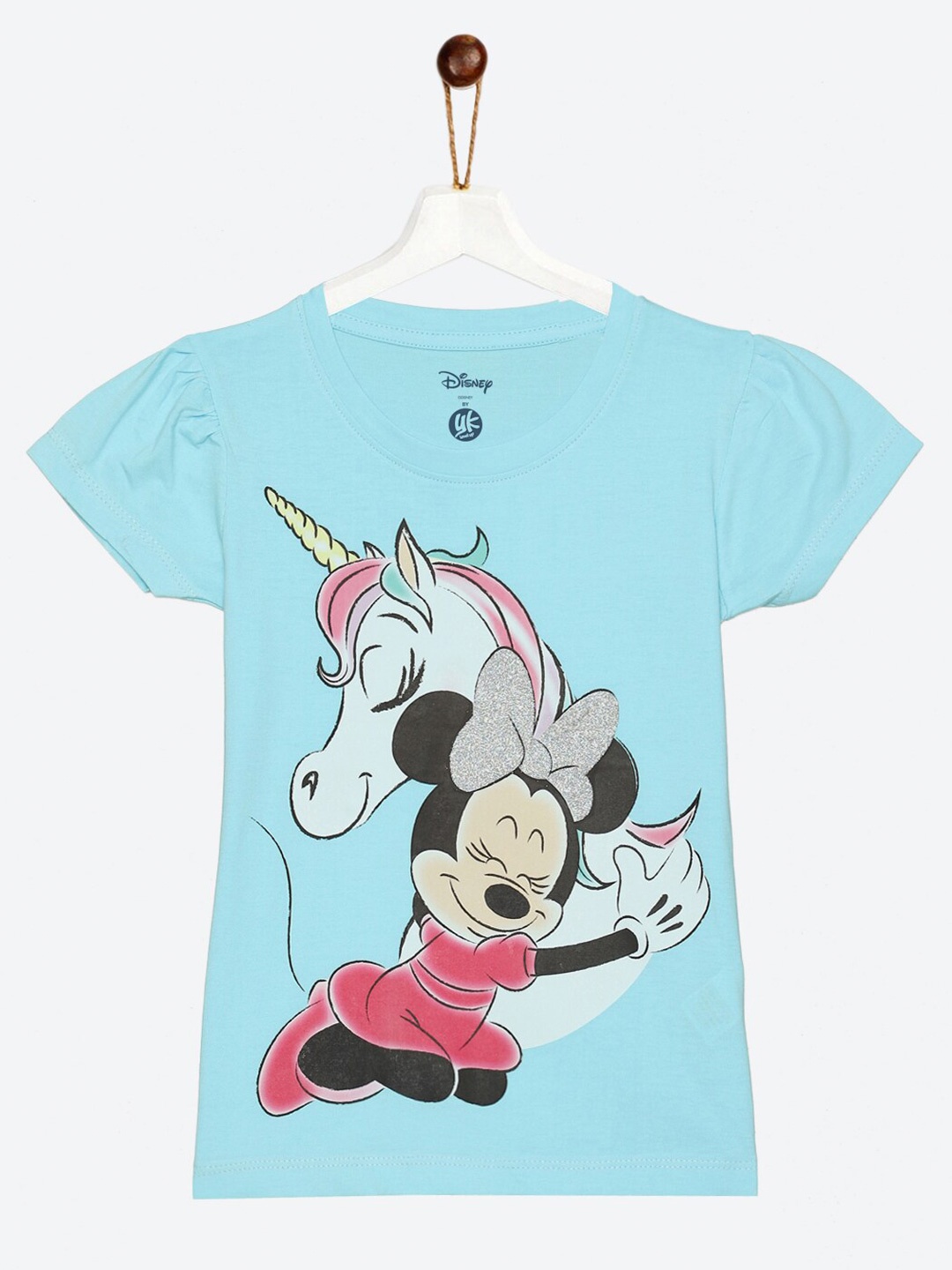 

YK Disney Girls Blue Minnie Mouse Printed Puff Sleeves Cotton T-shirt