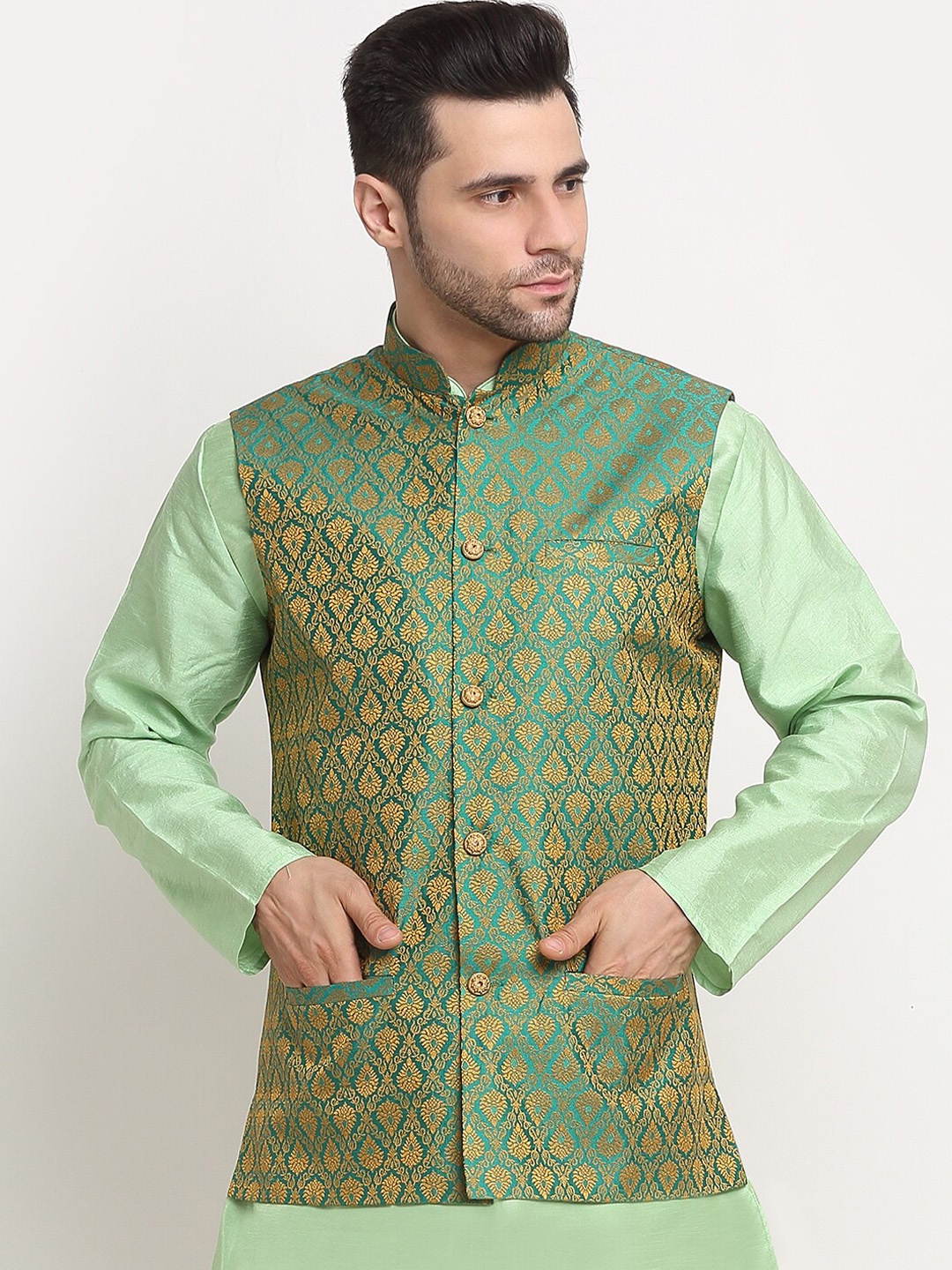 

KRAFT INDIA Men Green Jacquard Woven Design Nehru Jacket