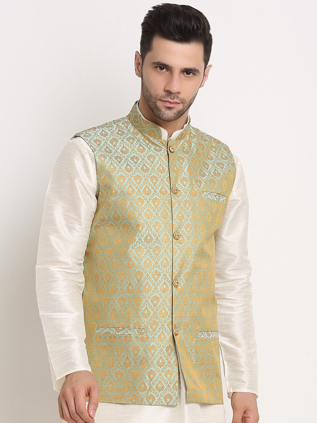 

KRAFT INDIA Men Sea Green Woven Design Nehru Jacket