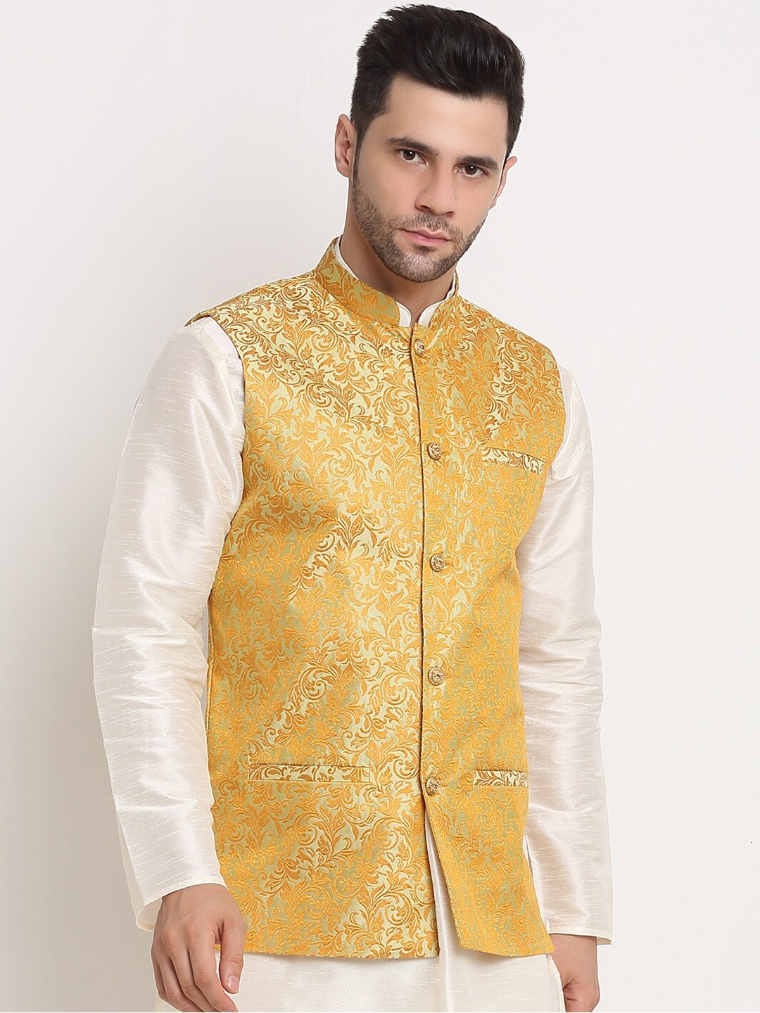 

KRAFT INDIA Men Gold-Toned Jacquard Woven Design Nehru Jacket