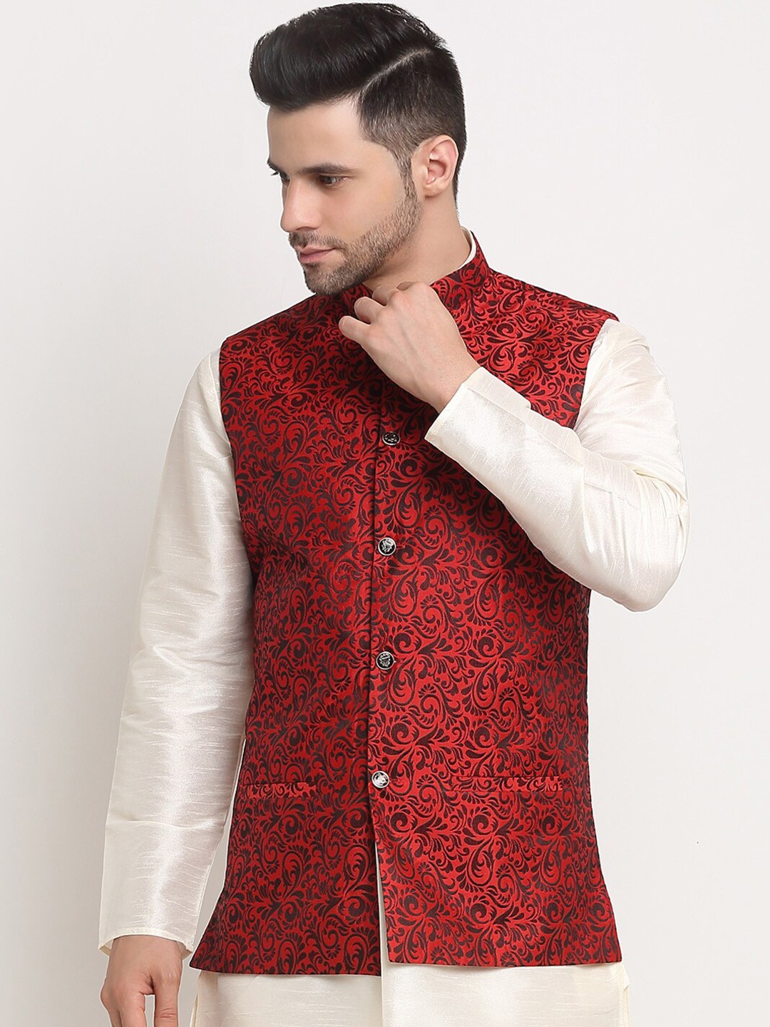 

KRAFT INDIA Men Red Jacquard Woven Design Nehru Jacket