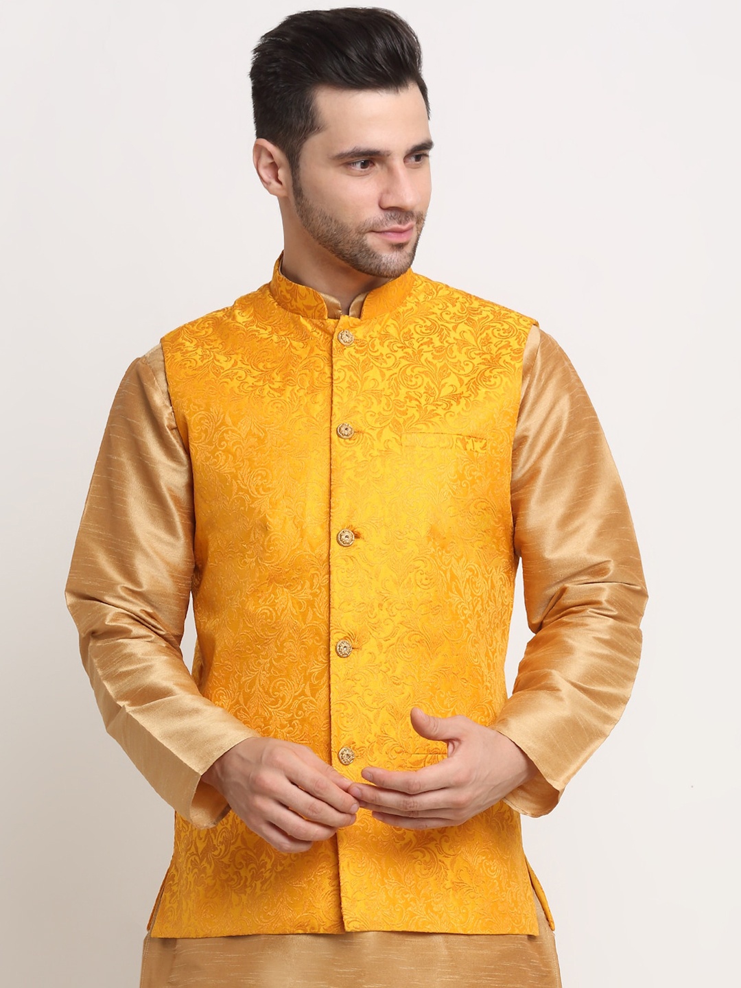 

KRAFT INDIA Men Yellow Jacquard Woven Design Nehru Jacket