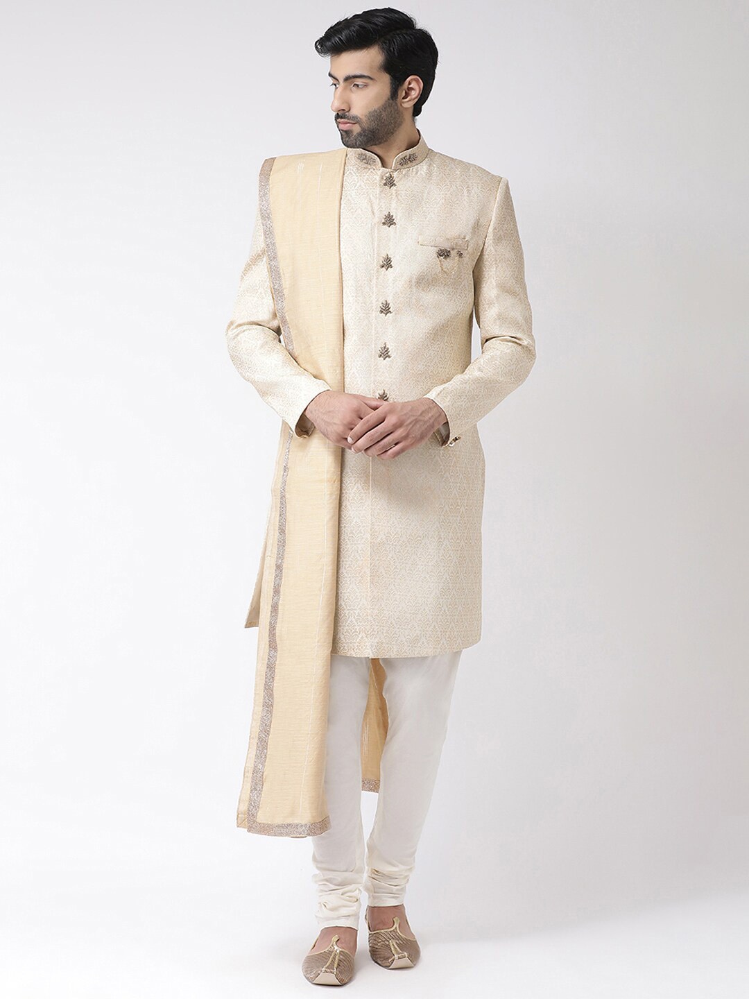 

KISAH Men Cream-Colored Woven Design Silk Blend Indowestern Sherwani Set
