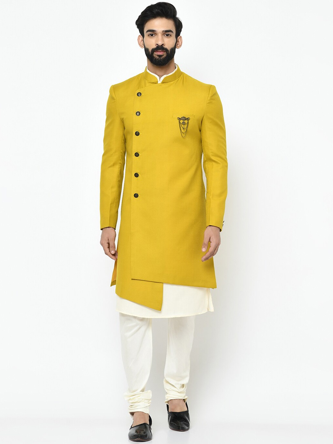 

KISAH Men Mustard Yellow & Off White Solid Cotton Indowestern Sherwani Set