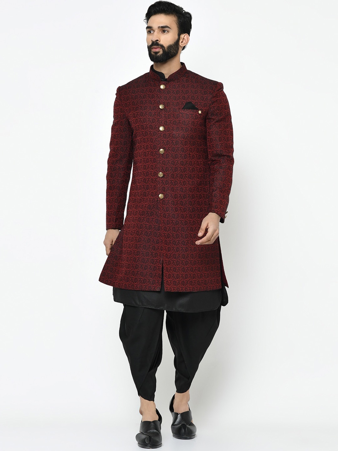 

KISAH Men Floral Jacquard Cotton Indowestern Sherwani with Dhoti Pants Set, Maroon