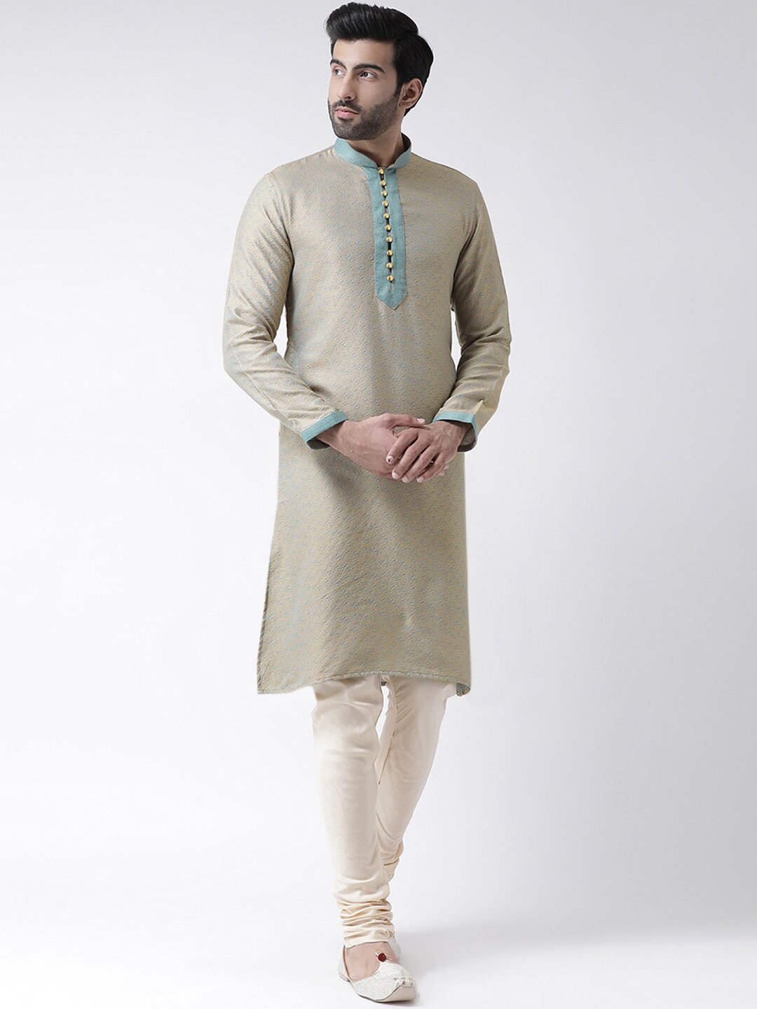 

KISAH Men Beige Kurta with Churidar Set