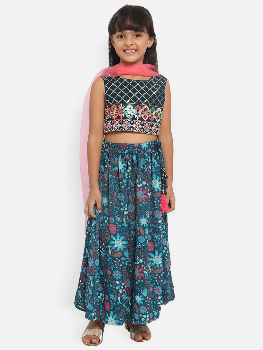 

Nauti Nati Girls Blue & Red Embroidered Sequinned Ready to Wear Lehenga & Blouse With Dupatta