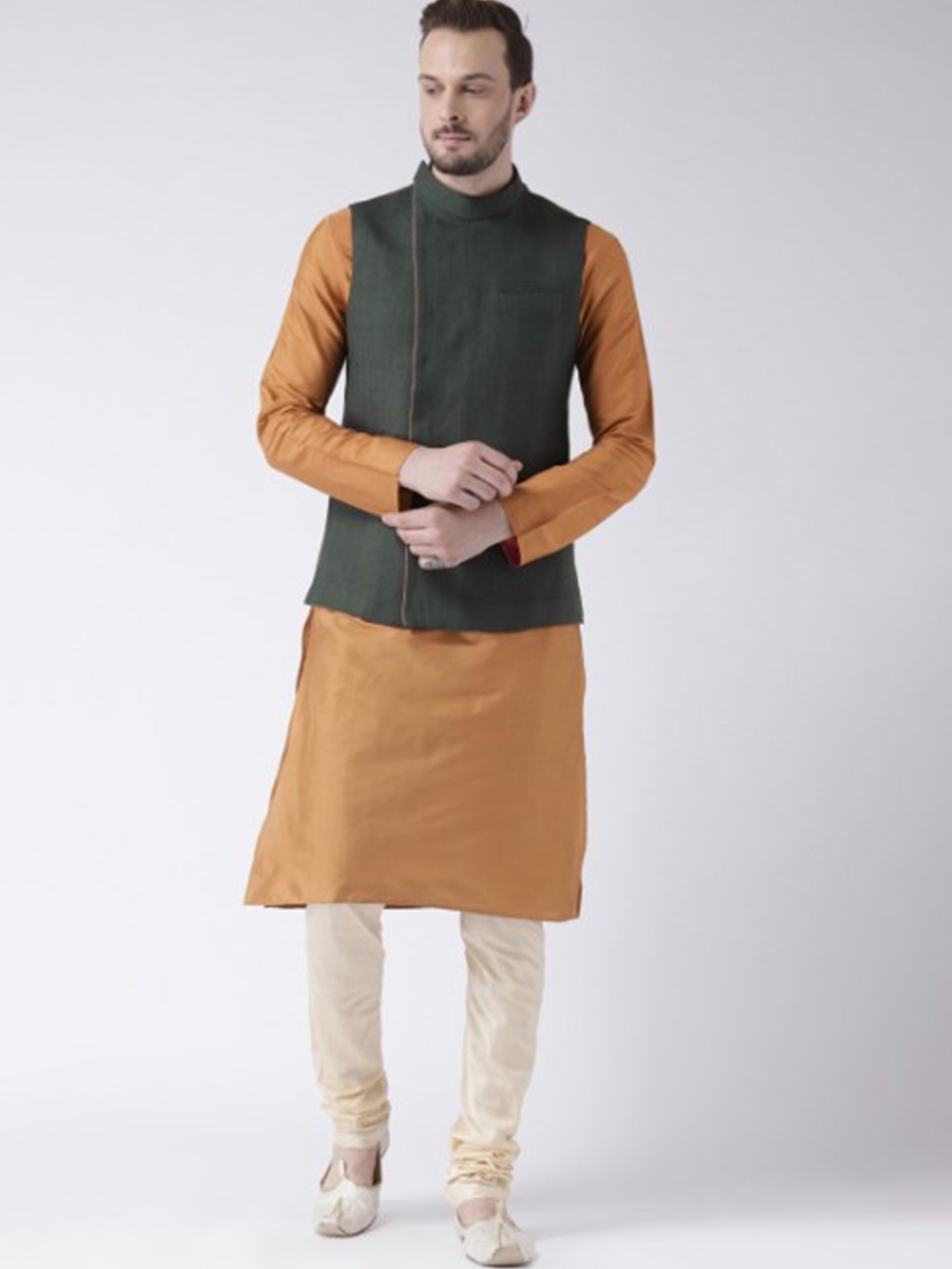 

KISAH Men Olive Green Kurta with Churidar & With Jacket