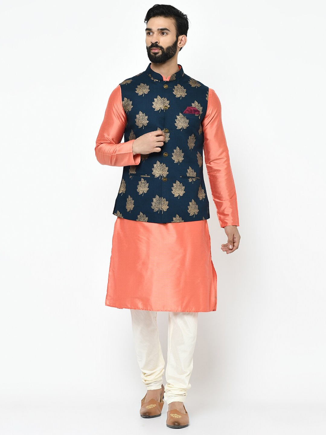 

KISAH Men Navy Blue Ethnic Motifs Kurta with Churidar with Nehru Jacket