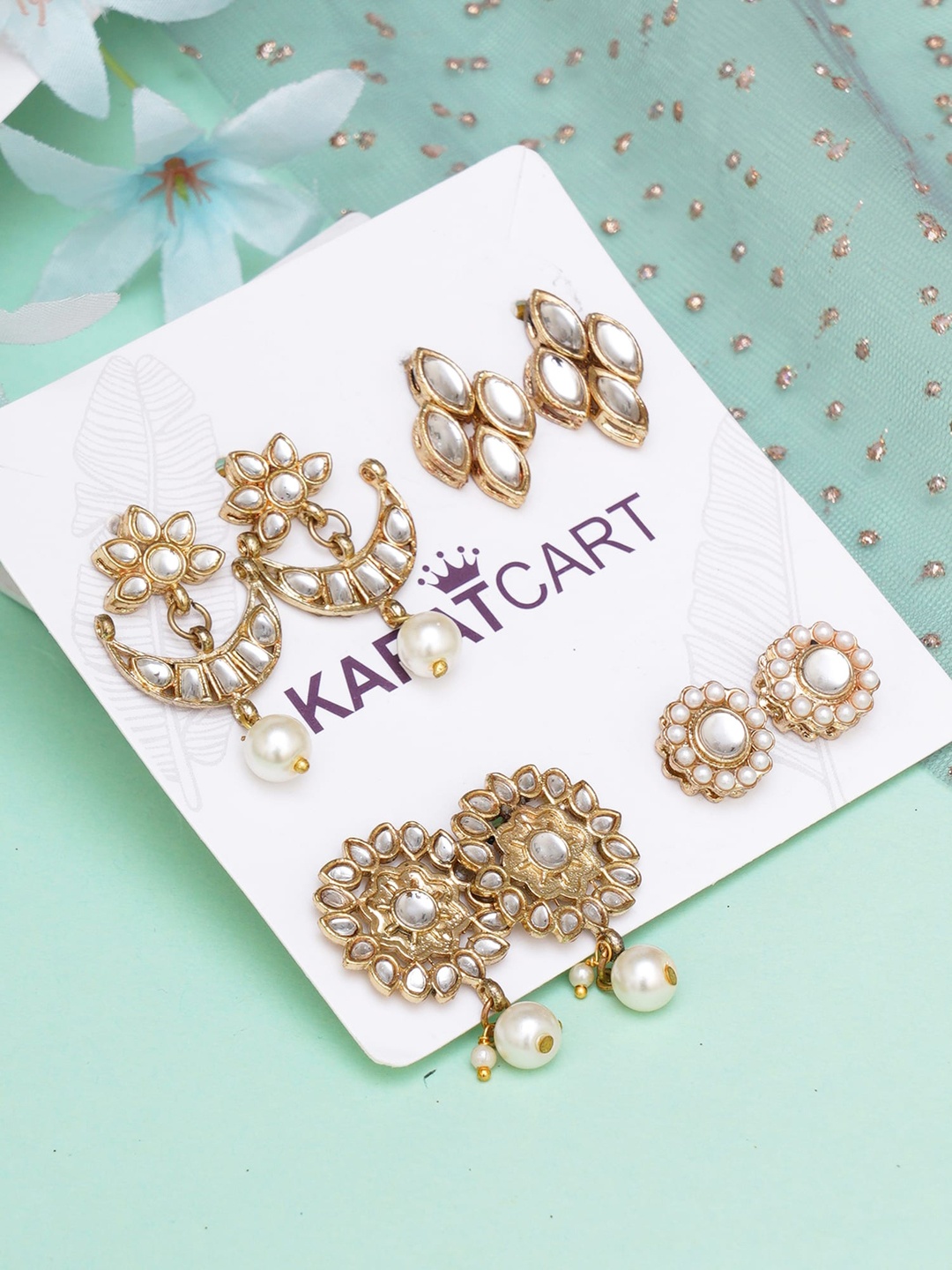 

KARATCART Gold-Toned & White Set of 4 Classic Studs Earrings