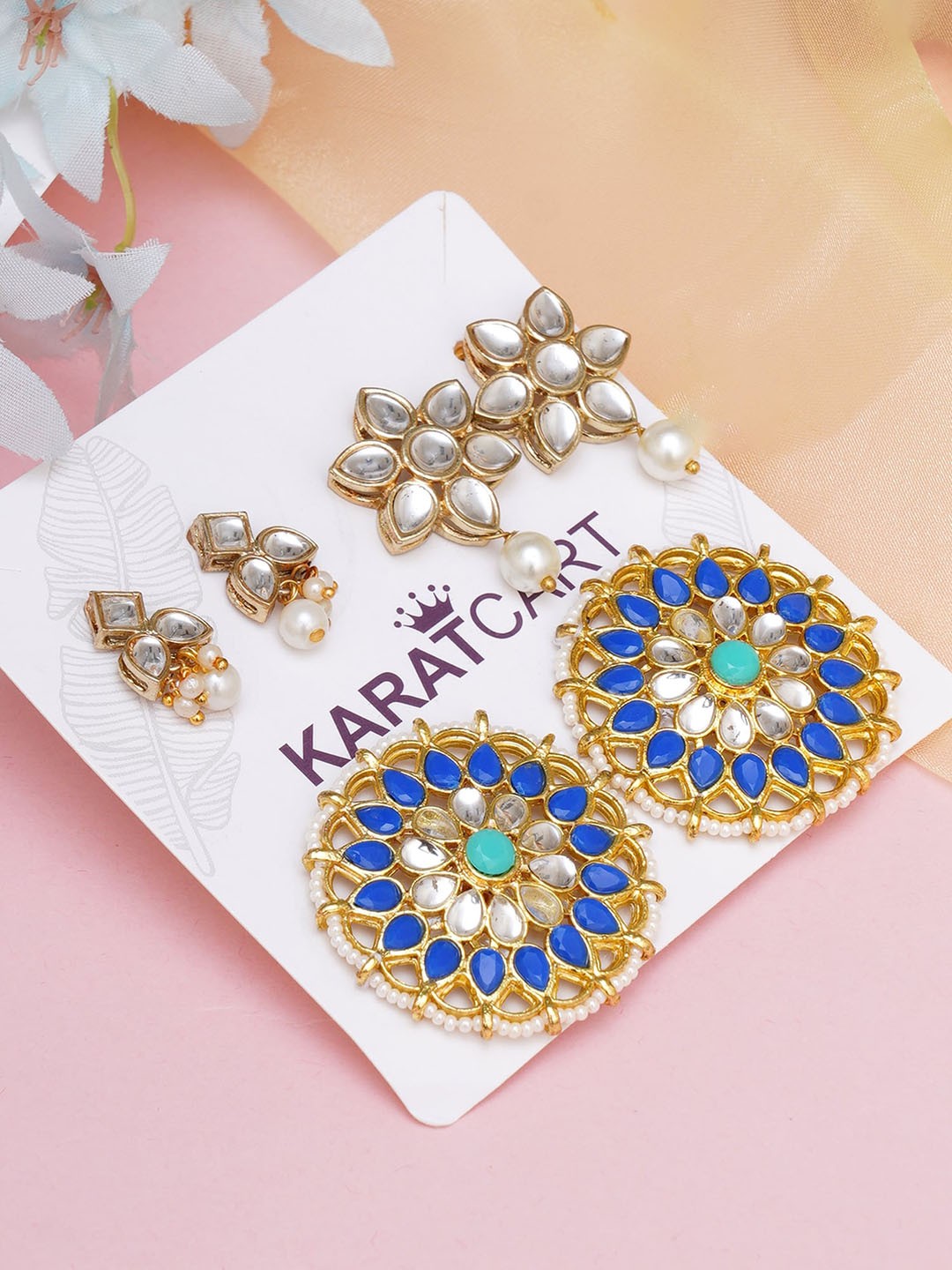 

KARATCART Set of 3 Gold-Plated & Blue Classic Studs Earrings