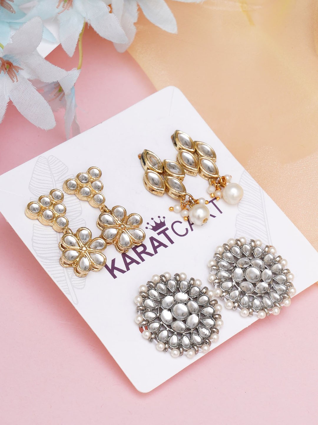 

KARATCART Set of 3 white & Gold Classic Drop Earrings