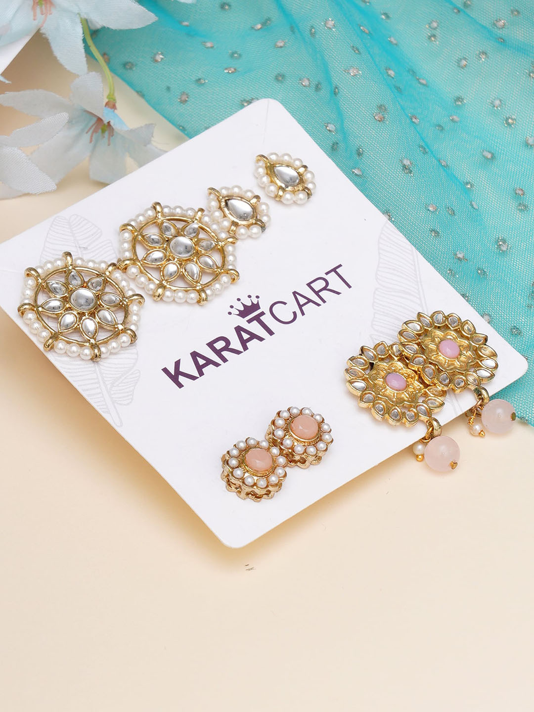 

KARATCART Set Of 4 Gold-Plated White & Pink Kundan Floral Studs & Drop Earrings